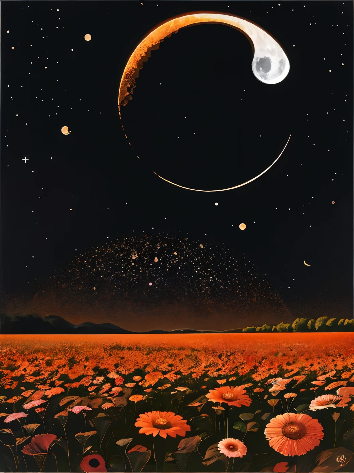Here’s a painting of a gerbera field illuminated by the gentle light of a crescent moon for you.