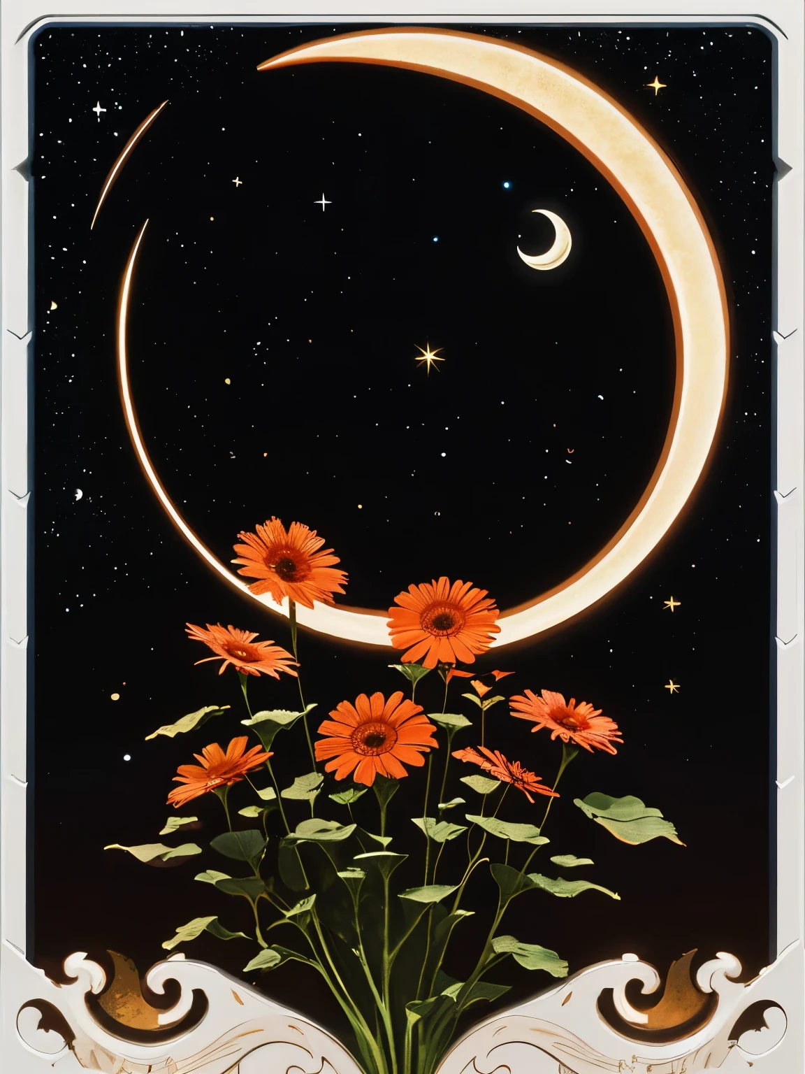 Here’s a painting of a gerbera field illuminated by the gentle light of a crescent moon for you.