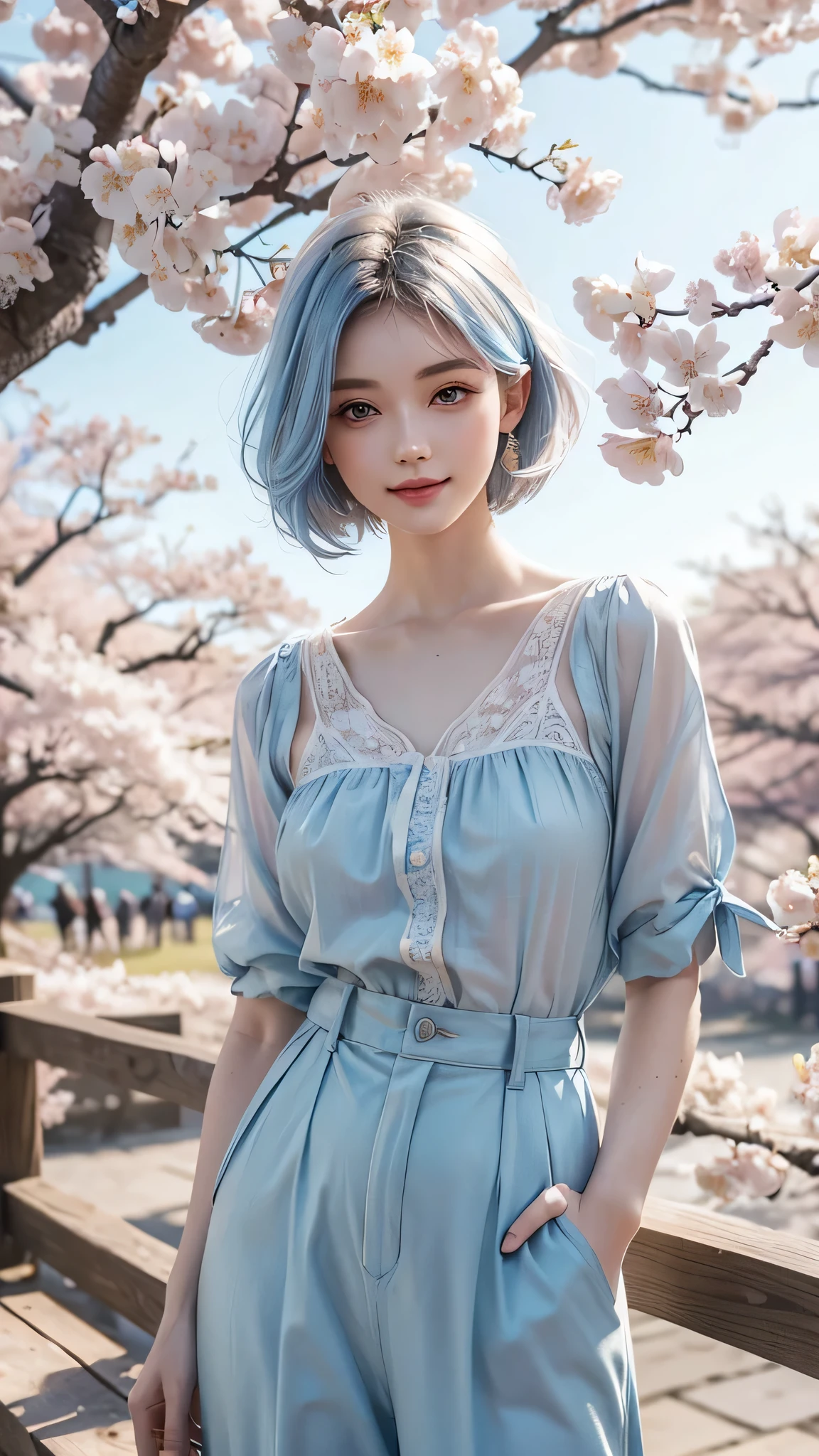 high quality, 8k, masterpiece:1.3, one girl, (medium short hair), highly detailed face, fine eyes, gentle smile, (beautiful cherry blossom background), light pale blue hair, light pale blue clothes,spring fashion,trending fashion