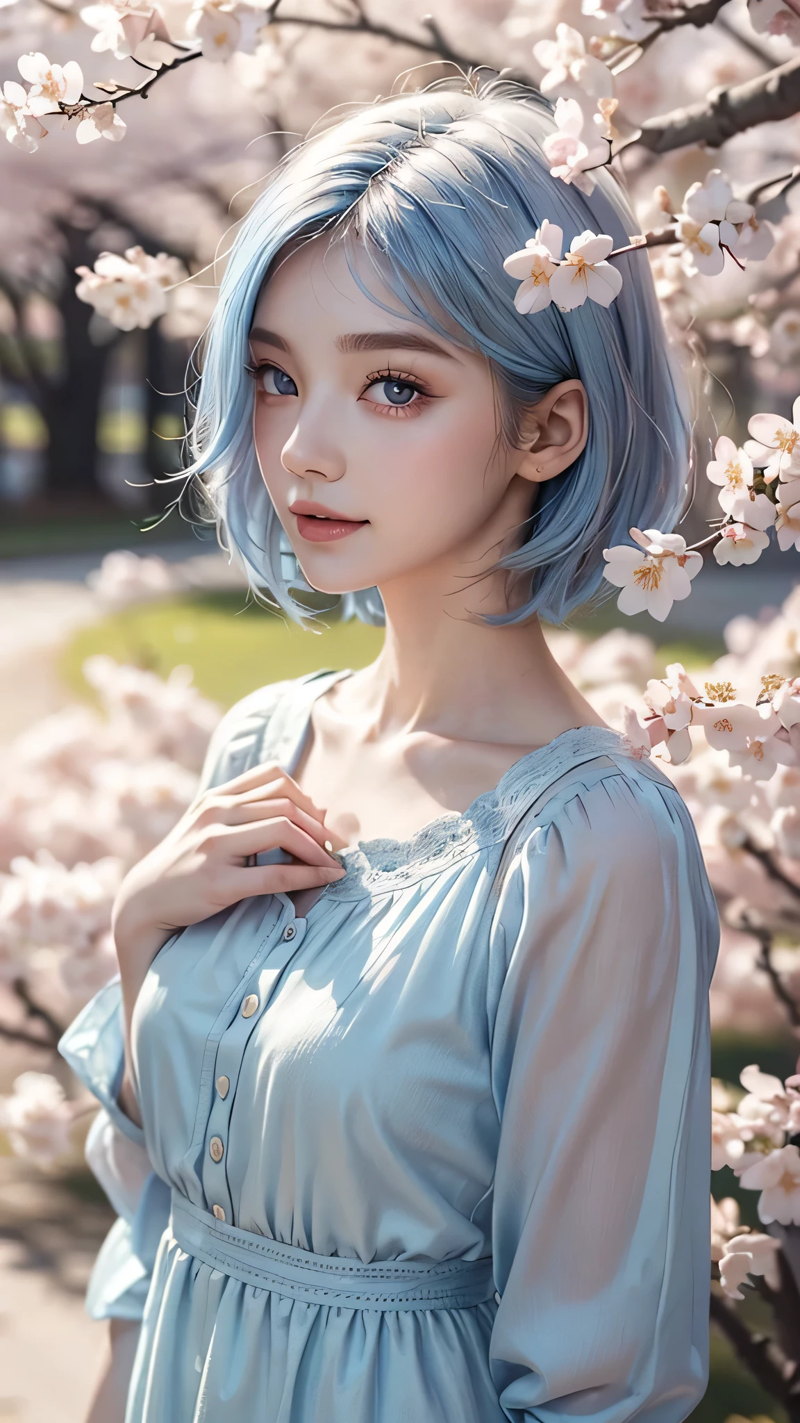 high quality, 8k, masterpiece:1.3, one girl, (medium short hair), highly detailed face, fine eyes, gentle smile, (beautiful cherry blossom background), light pale blue hair, light pale blue clothes,spring fashion,trending fashion