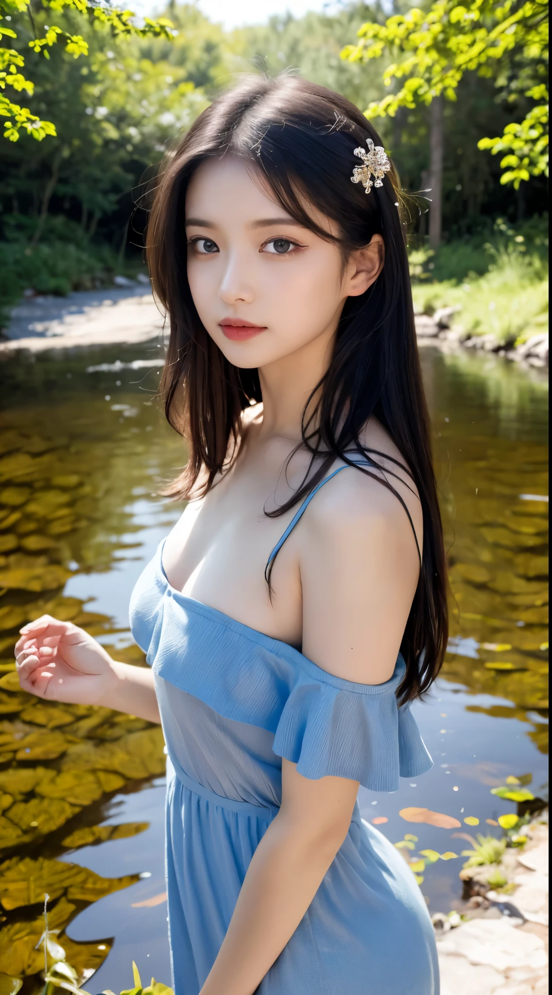 ((Highest quality, 8K, masterpiece :1.3)), whole body, Sharp focus :1.2,  ((Long black hair, Big Breasts :1.2)), Korean Beauty、21 years old、Highly detailed face and skin texture, double eyelid, Large and realistic bust、Bursting breasts、Relax in the hot springs、Nighttime hot springs、bikini、Back view、Buttを突き出している、Beautiful scenery、Butt