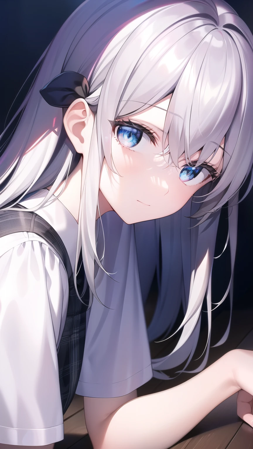 ((masterpiece, best quality))++, Detail lights+, detail hair+, Detail hand+ ,1 girl, Honey, long gray hair, dark blue eyes, beautiful eyes, Young gray hair,,(beautiful white hair:1.5),(beautiful eyes), high resolution+, black stockings , a white pajamas, Glass tones, Reflective eyeanyery detail wallpaper, The original, ,scassue card ,Nature
