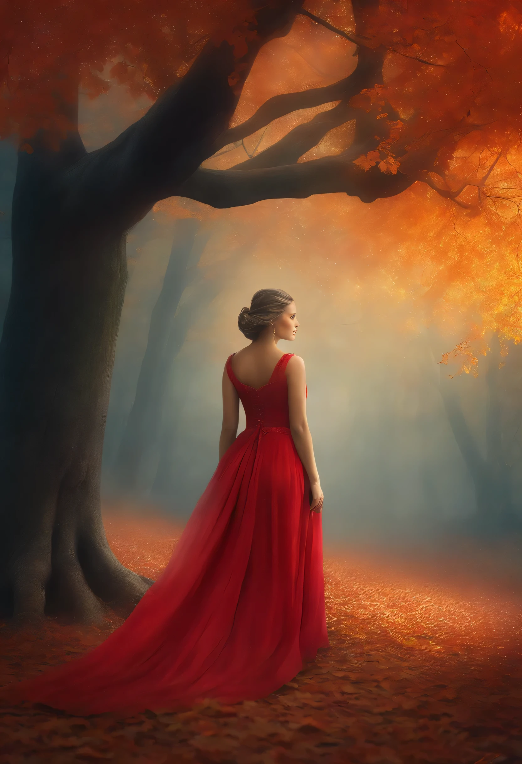 painting of a woman in red dress, standing under the tree, goddess of autumn, wonderful autumn mood, fantastic digital painting, Fantastic colors and atmosphere, Get lost in a dreamy fairytale landscape, Fantastic colors and atmosphere, melancholy autumn light, Moody fog fantasy art, Standing in the mysterious forest, fantasy digital painting, autumn calm, Dream scene, mysterious scene, Empress Autumn