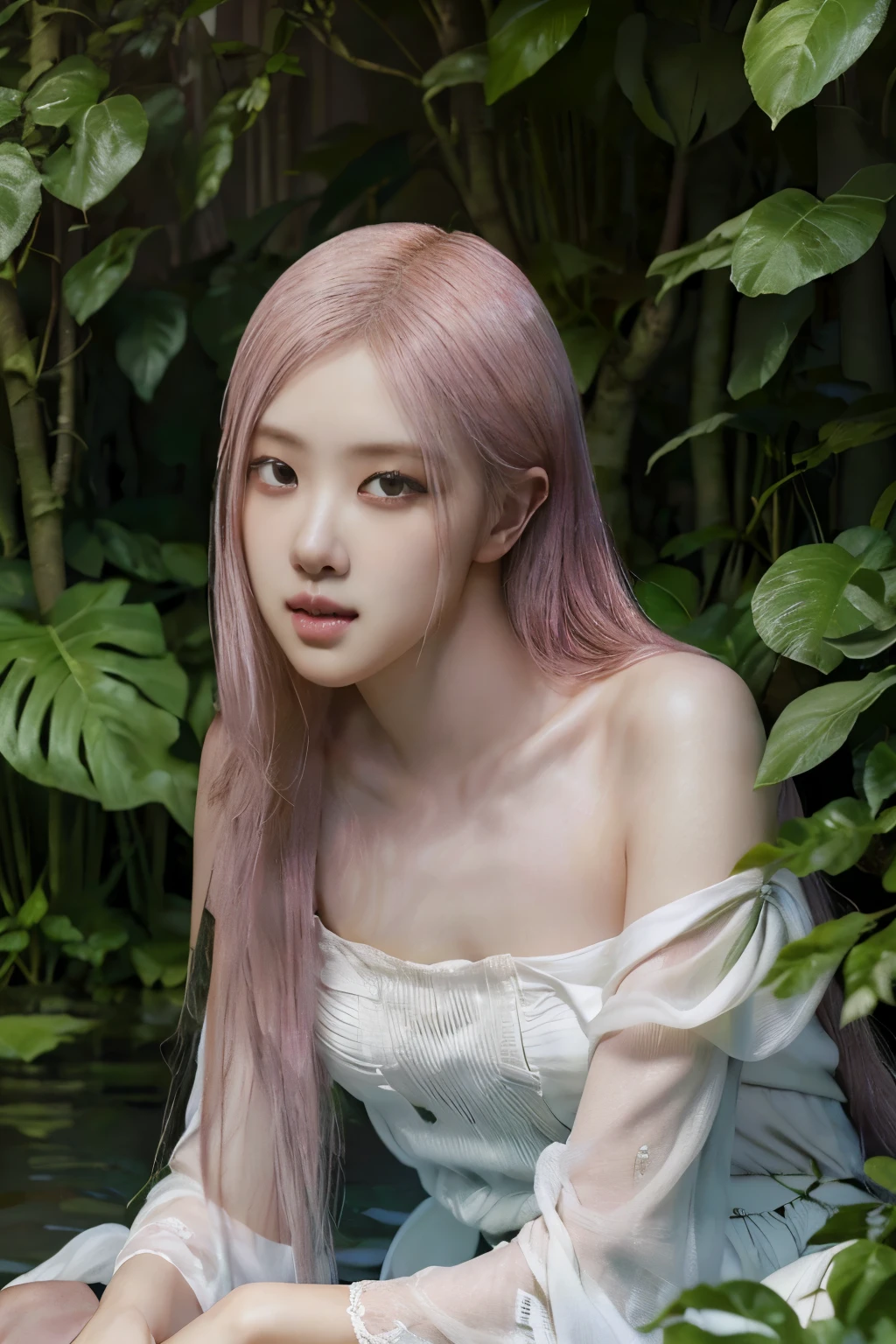 Rose from black pink, pink hair, (full body), (artistic + masterpiece:1.4), (incredibly detailed eyes), wearing medieval long cotton nightie clothes, Drenched hair，The background is a forest, sunset，Masterpiece: 1.3), (8k, Photorealistic, Photo RAW, Best quality: 1.4), (UHD), (Ultra high realism), (Ultra high definition), (Ultra high detail), (Realistic face), Beautiful hairstyle, Realistic bright amber eyes, Beautiful details, (Realistic skin), Pale, smooth and luminous skin with iridescent shine and no imperfections, Ultra high definition, Ultra realistic, Highly detailed, (Cleavage: 0.8), sitting on a rock, feet in the water, (masterpiece, best quality, award winning, highres), skinny, intricate and beautiful design, highly detailed beautiful face, super detailed beautiful eyes, light smile, sitting near stream, forest, leaves flow, windy, sun lights through forest, fantasy art, dynamic lighting, cinematic lighting, hyper realistic, extremely CG detail, octane render, (natural skin texture, hyperrealism, soft light, sharp:1.2)