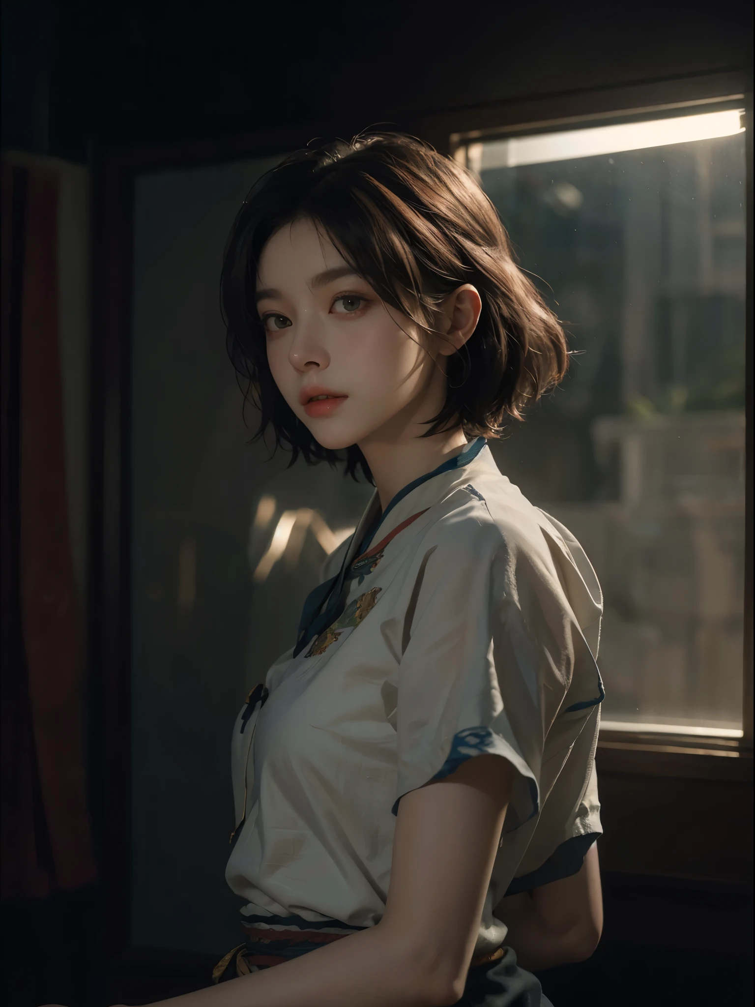 (RAW photos, top quality), (realistic, photorealistic: 1.3), highest quality, high definition, masterpiece, super detail, illustration, 1girl, upper_body, dynamic angle, world masterpiece theater, messy_long_hair, top quality, highly detailed CG Unity 8k wallpaper, ink, stunning, cinematic lighting, lens_flare, dunhuang_ style, ((short hair))