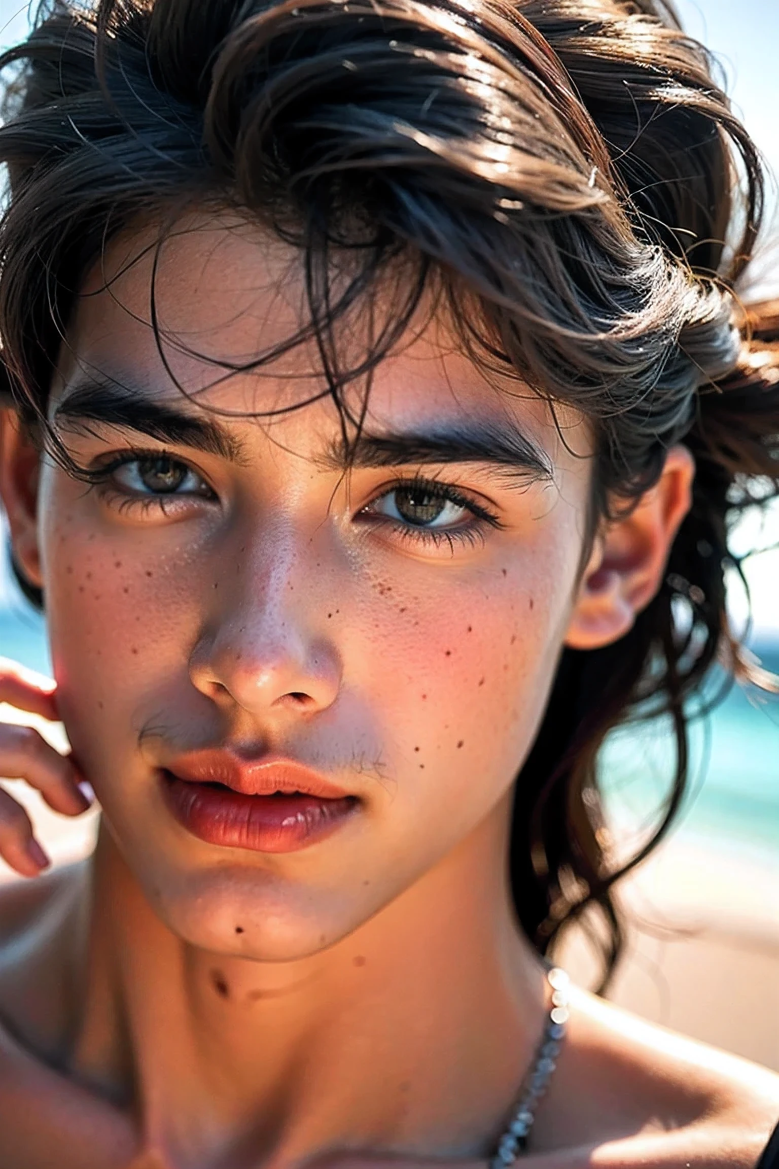 Realistic photography, handsome man ,beach ,close up