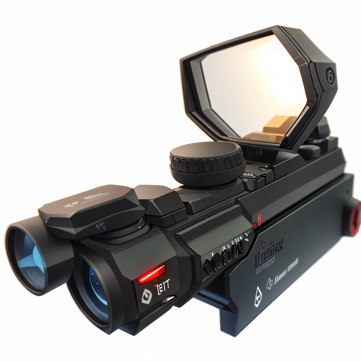Close-up of red dot sight with black base, first person shooter gaming visual monitor, video game items, First-person gun, fps shooting game, Optics, 3D game objects, Accurate and detailed, gaming visual monitor, realistic gun, FPS games, realistic shooting, Frame rate view, Hyperopia XR-20, realistic weapons, Single eye, First-person weapon