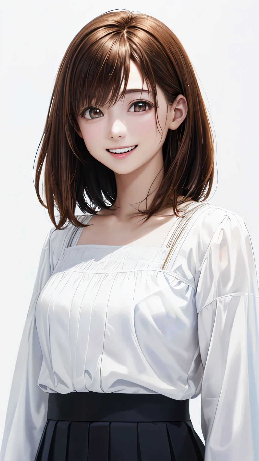 High resolution, 8k, Highest quality, detailed, Semi-realistic anime, Anime 3D Style, Smooth anime CG, One Girl, A 20-year-old Japanese woman, slim, Modeled, Shiny brown hair, detailedな顔, Beautiful and detailed, Glowing Skin, Hard Focus、Film Grain, Soft lighting, Looking at the audience, Laughter, (A woman wearing a simple blouse and jeans), Early summer plateau、A single flower blooming in a meadow under a clear blue sky