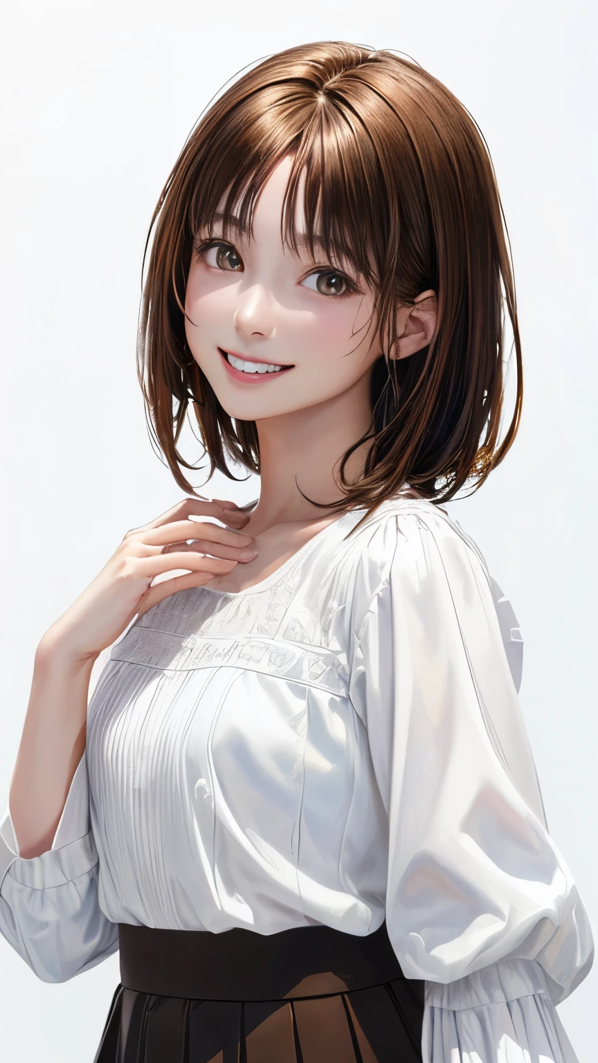 (highest quality、8k、32K、masterpiece)、(realistic)、(Photoreal:1.2)、(High resolution)、Super detailed、very beautiful face and eyes、1 girl、round and small face、thin waist、delicate body、(close、highest quality、high detail、rich skin details)、(highest quality、8k、oil paint:1.2)、Super detailed、(realistic、realistic:1.37)、bright colors、(((brown hair)))、(((bust shot)))、(((medium hair)))、(((pure white wall background)))、(((pure white wall background)))、(((I'm an OL)))、(((She has a happy expression)))、(((I'm smiling)))、(((wearing a white blouse)))、(((look straight ahead)))、(((brown hair)))、(((I have brown hair)))、(((The skirt is short)))、(((teeth visible)))、(((The hand is in front of the mouth)))、