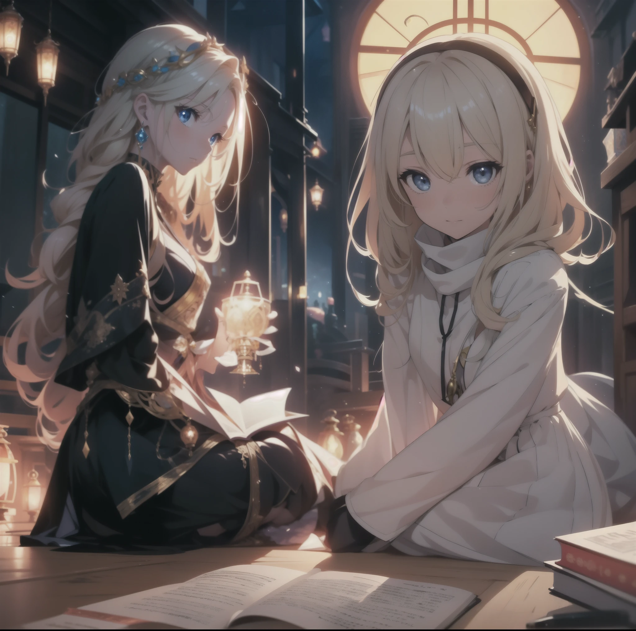 A woman sits on the floor with a Ramadan lantern in her hand, Hardcover cover of the epic light novel, blonde Anime girl with long hair, A beautiful heavenly magician, Beautiful fantasy anime, epic Light novel cover art, Light novel cover art, Anime girl wearing a black dress, Anime girl with long hair, Beautiful anime picture, Anime art wallpaper 4k, Beautiful anime art