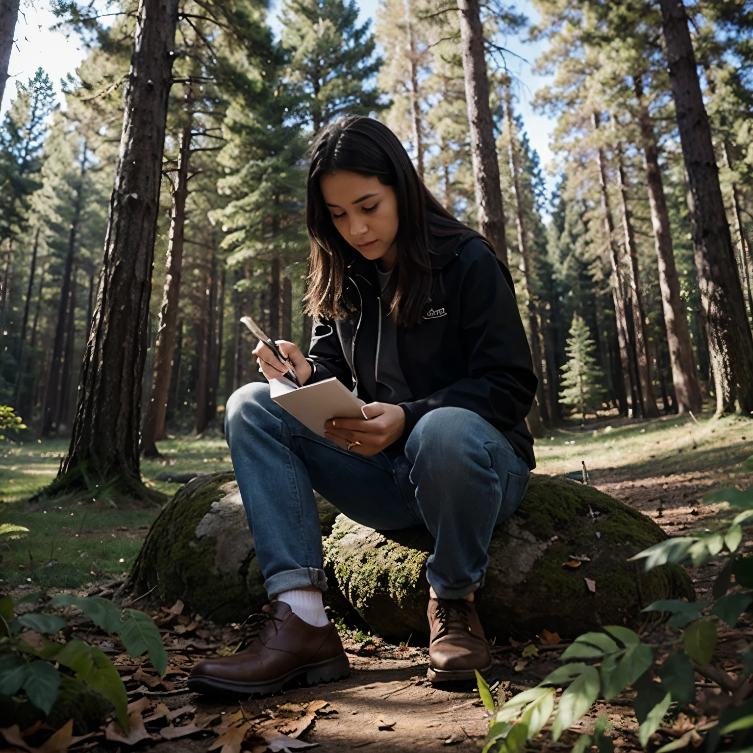 Generate a picture of a legendary writer in the woods writing
