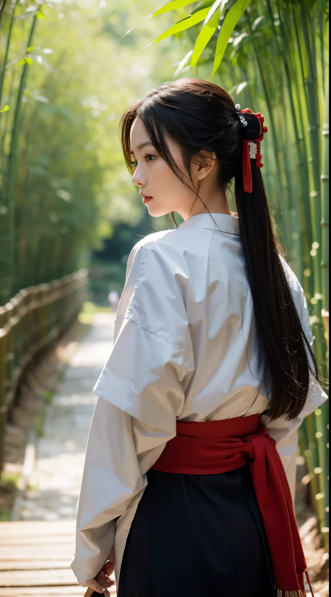 Original photo of a female samurai, Stand in a fighting stance, In his hand is a sword drawn from its scabbard, preparing to fight, Wear a full samurai costume (komono) (Wind in the bamboo forest), (The wind lifts the leaves), Wounds on the shoulders ( High skin detail: 1.2), 8K  UHD, SLR camera, Soft lighting, High quality, filmgrain, Fujifilm XT3
