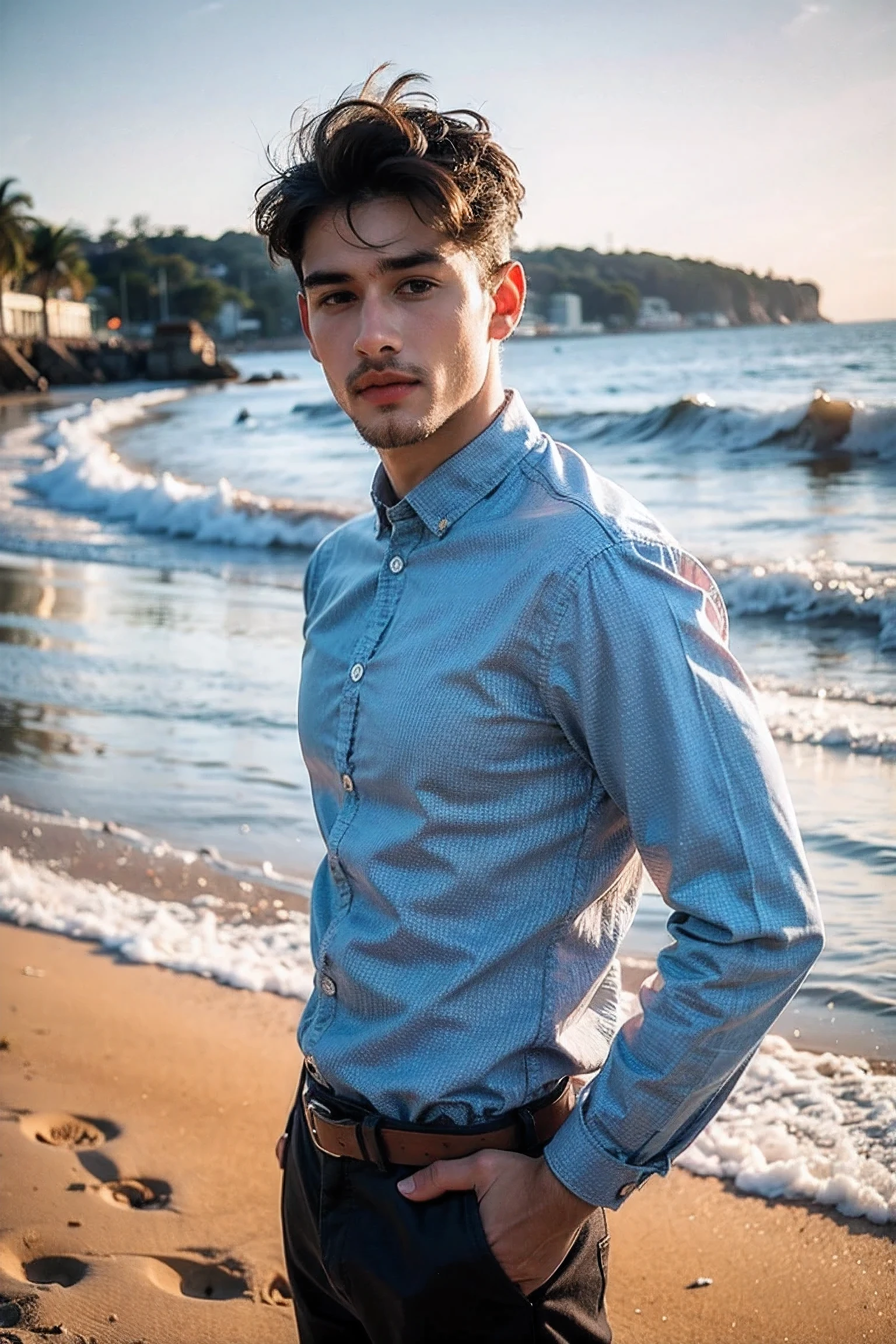 Realistic photography, handsome man ,beach