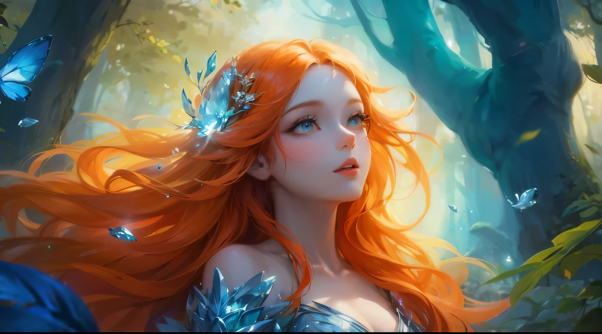 Create a mesmerizing digital painting depicting the serene beauty of an enchanted forest scene. In the center of the scene, portray a young beautiful woman, with flowing orange hair, beard, azure orange eyes, wearing a cool crystal dress. Capture her graceful presence as she interacts with the natural elements around her, infusing the forest with an aura of tranquility and magic.