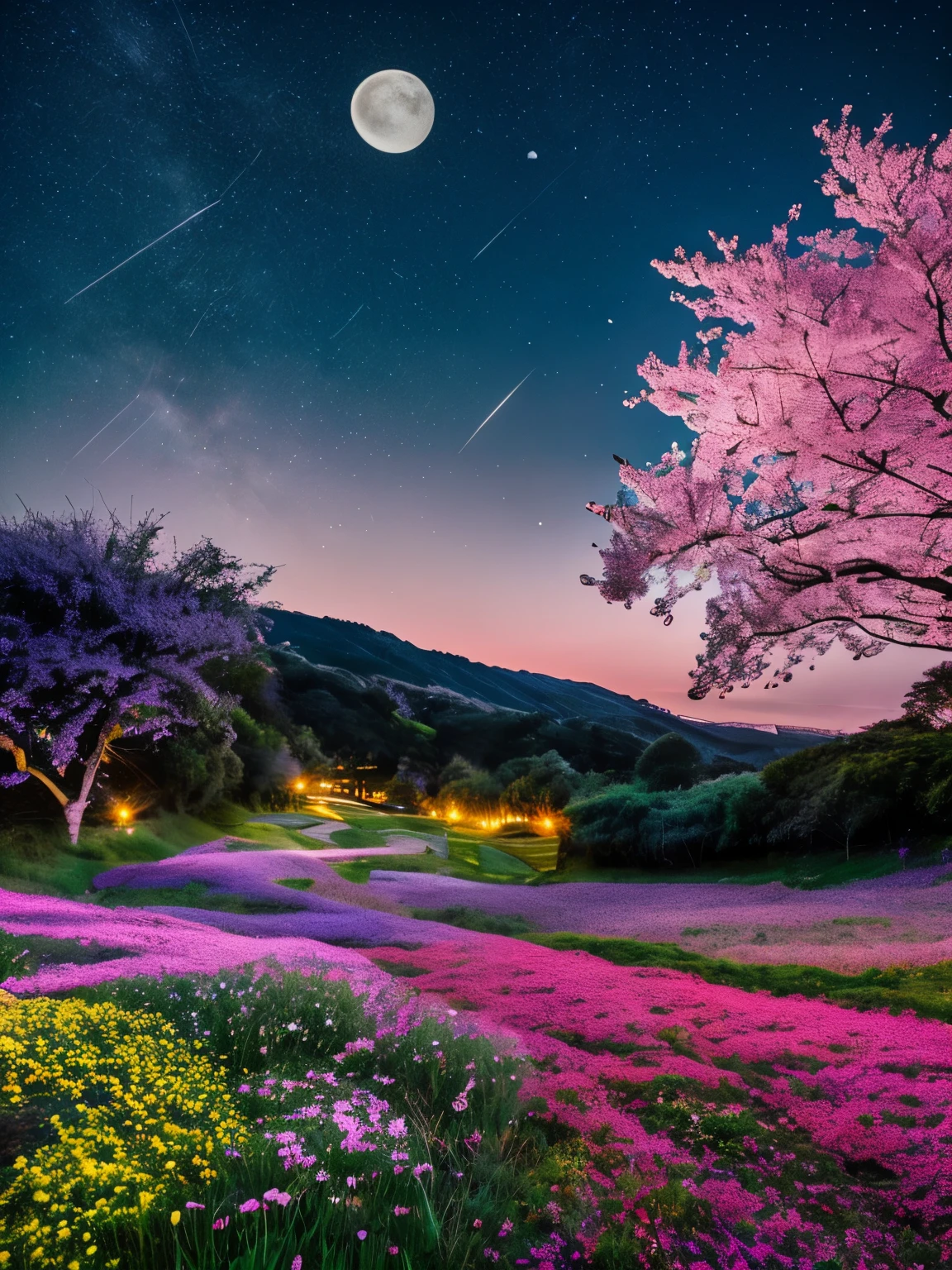 This image you’ve sent shows a stunning night scene with a vibrant field of flowers leading up to a hill covered with blossoming cherry trees, all under a starlit sky with a crescent moon. If I were to create a prompt based on this, it might be: "Illustrate a dreamy nightscape with a river-like field of purple and yellow flowers, flowing towards hills with pink cherry blossoms under a starry sky with a bright crescent moon."