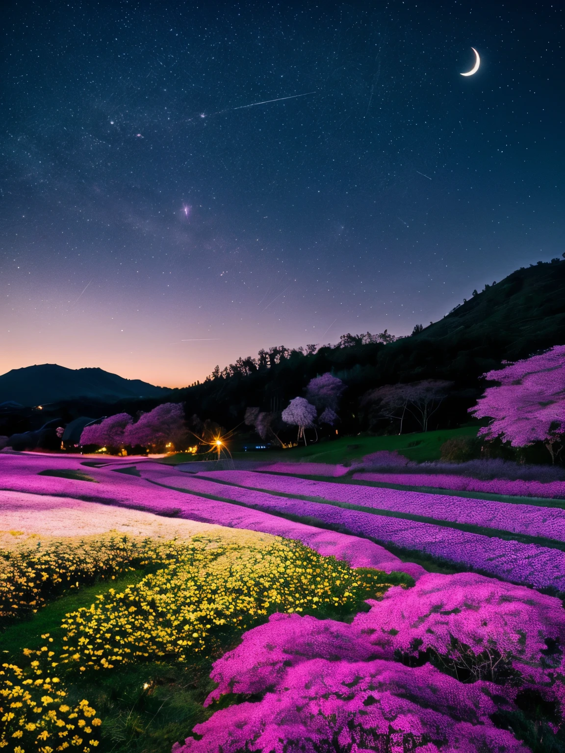 This image you’ve sent shows a stunning night scene with a vibrant field of flowers leading up to a hill covered with blossoming cherry trees, all under a starlit sky with a crescent moon. If I were to create a prompt based on this, it might be: "Illustrate a dreamy nightscape with a river-like field of purple and yellow flowers, flowing towards hills with pink cherry blossoms under a starry sky with a bright crescent moon."