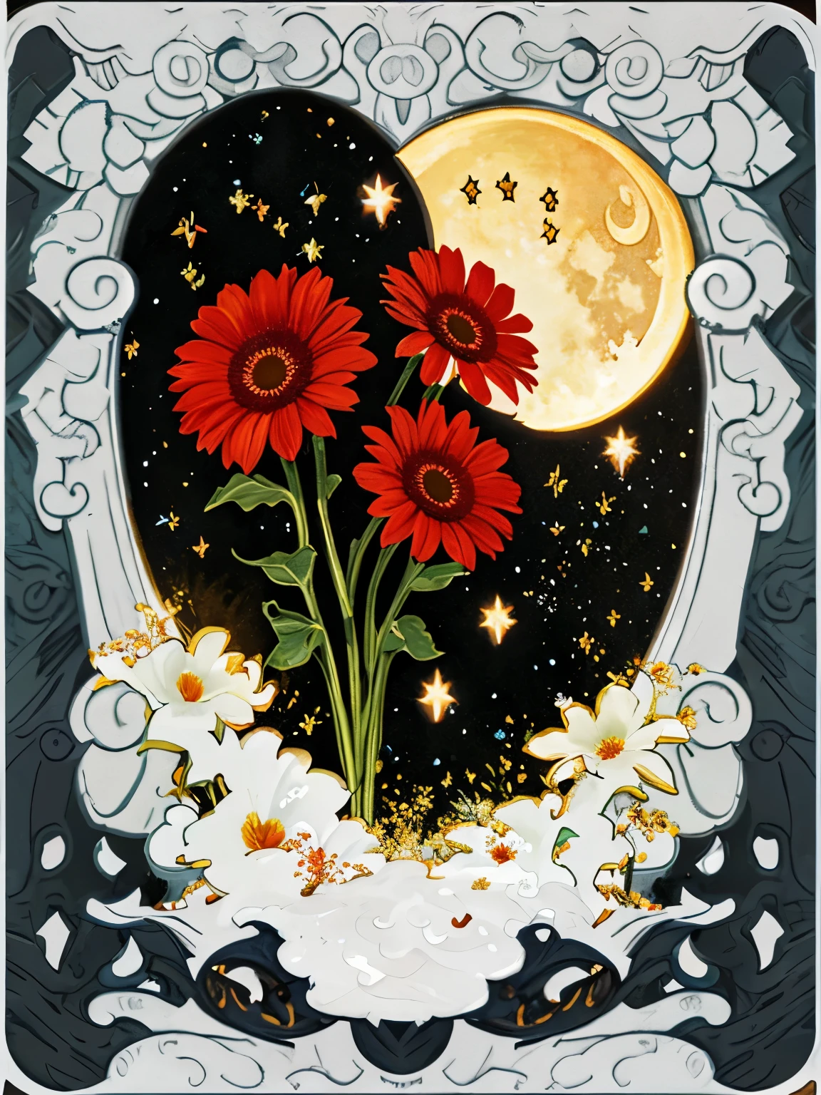 Here’s a painting of a gerbera field illuminated by the gentle light of a crescent moon for you.