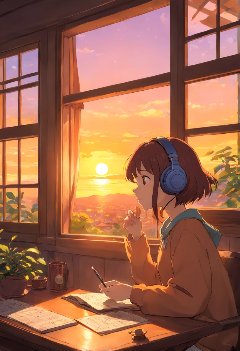 anime、Listening to music through headphones、girl、Sunset through the window、Kage、dim、room with table、girlはテーブルに肘をついて座っている。