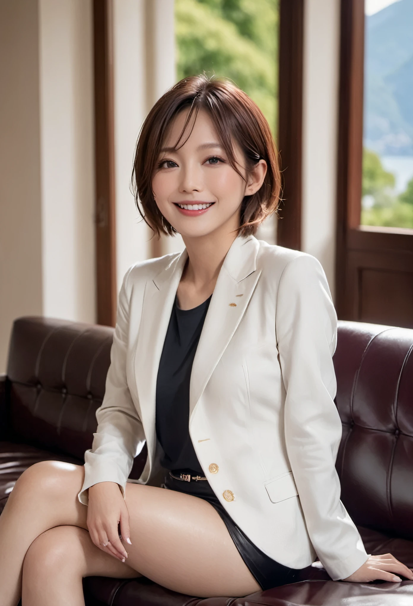 Veranda of a mansion on the shore of Lake Como, Italy, 38-year-old Japanese woman, wearing long black genuine leather boots, white skirt, white blouse, burgundy jacket, sitting on a large black sofa, holding a wine glass with red wine poured in her right hand, masterpiece ,top quality, (MILF:1, 38 years old), ((Close:0.5)), glare, double eyelids, lip gloss, (smile:1), ((eyes closed:0.85)), red mouth, collar bone, ((looking at viewer)), (short auburn hair wet and shiny), (full body in view),(photorealistic:1. 3),(RAW photo)