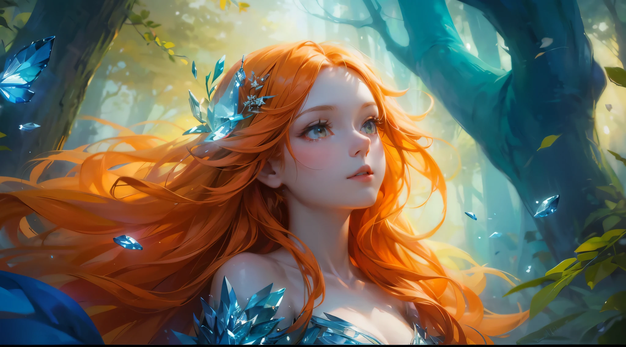 Create a mesmerizing digital painting depicting the serene beauty of an enchanted forest scene. In the center of the scene, portray a young beautiful woman, with flowing orange hair, beard, azure orange eyes, wearing a cool crystal dress. Capture her graceful presence as she interacts with the natural elements around her, infusing the forest with an aura of tranquility and magic.