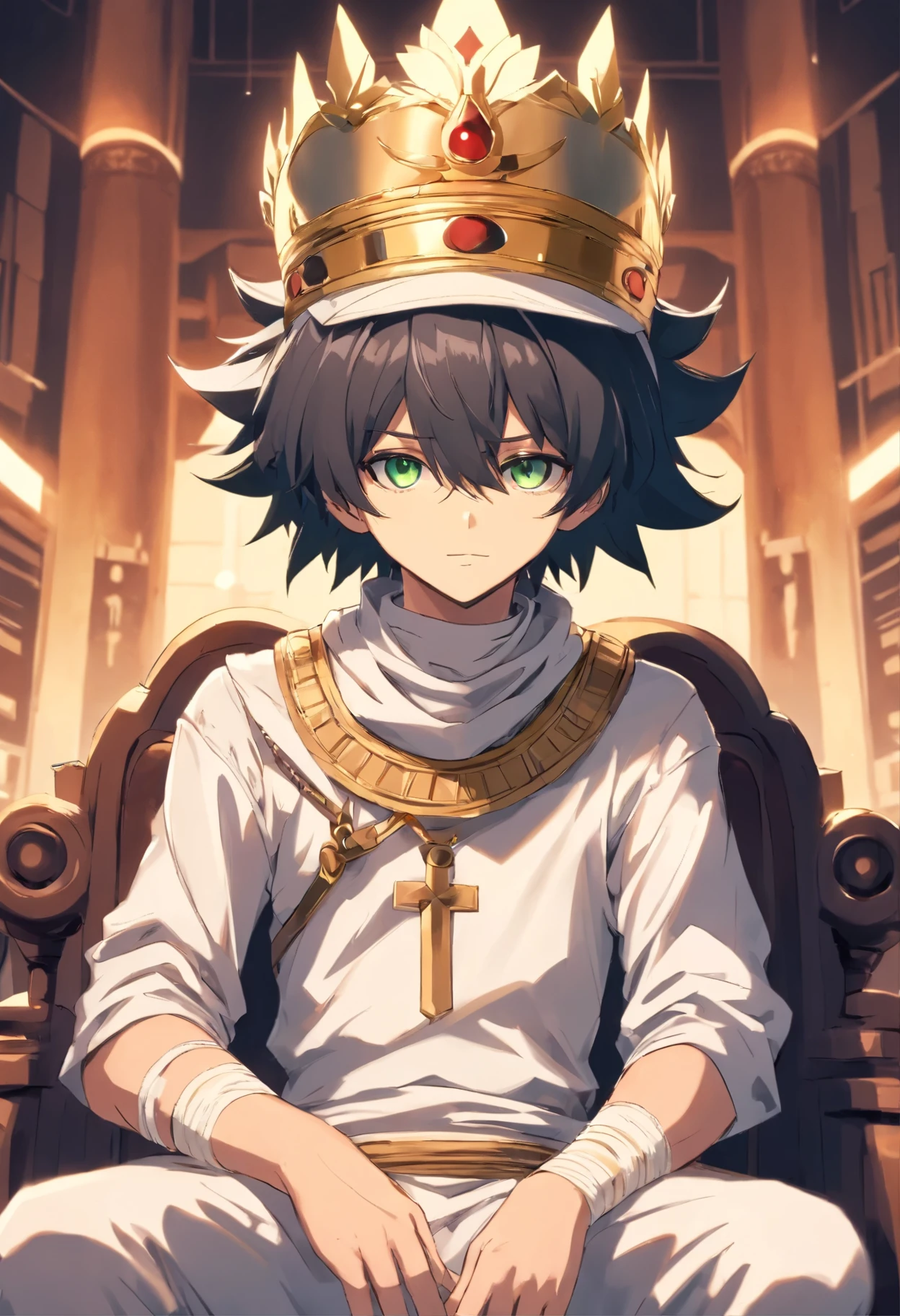 Front focus , anime male , kaneki from tokyo ghoul , dressed as mummy wrapped in bandages , wearing crown , sitting arrogantly slouched on egyptian throne , piercing glance 