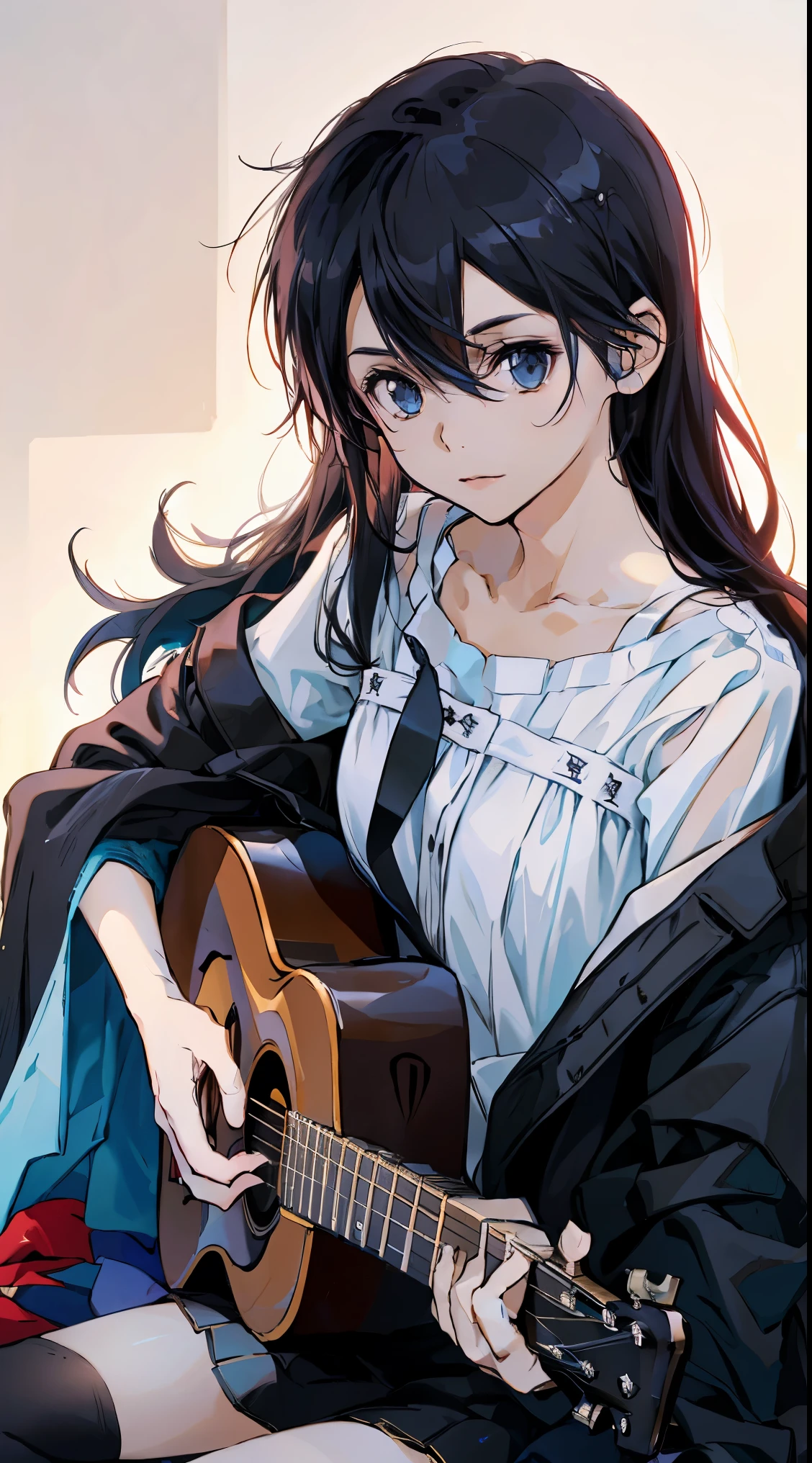 28 years old、black hair messy hair、precision 6 string acoustic guitar:1.2、Anatomically correct fingers、acoustic guitar、Only 1 guitar、Please look straight ahead and sing、(Turn your face forward:1.2)、Christmas、Holy Cloth、mini skirt，Female Kirito，long hair，black stockings