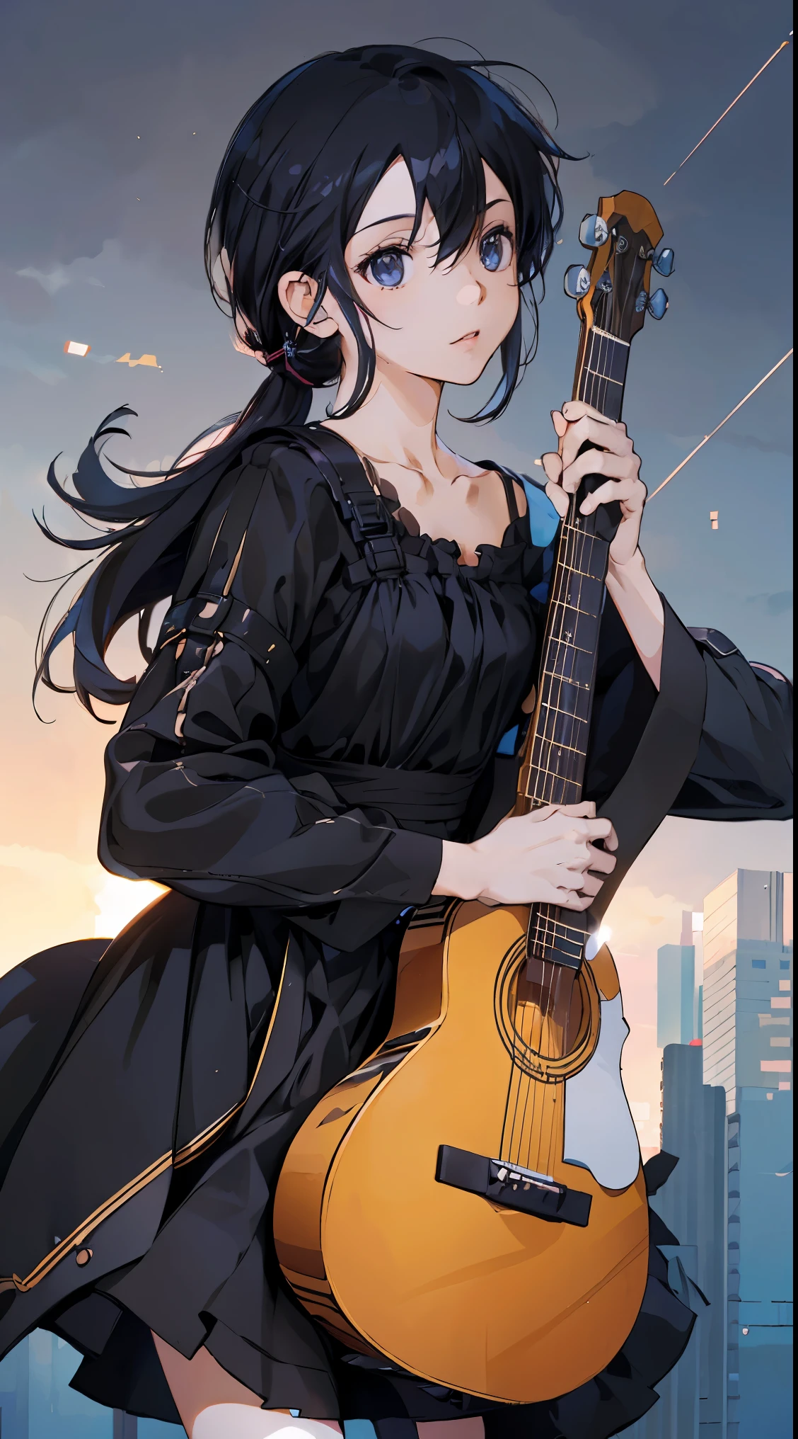 28 years old、black hair messy hair、precision 6 string acoustic guitar:1.2、Anatomically correct fingers、acoustic guitar、Only 1 guitar、Please look straight ahead and sing、(Turn your face forward:1.2)、Princess dress,mini skirt,Female Kirito,long hair,black stockings