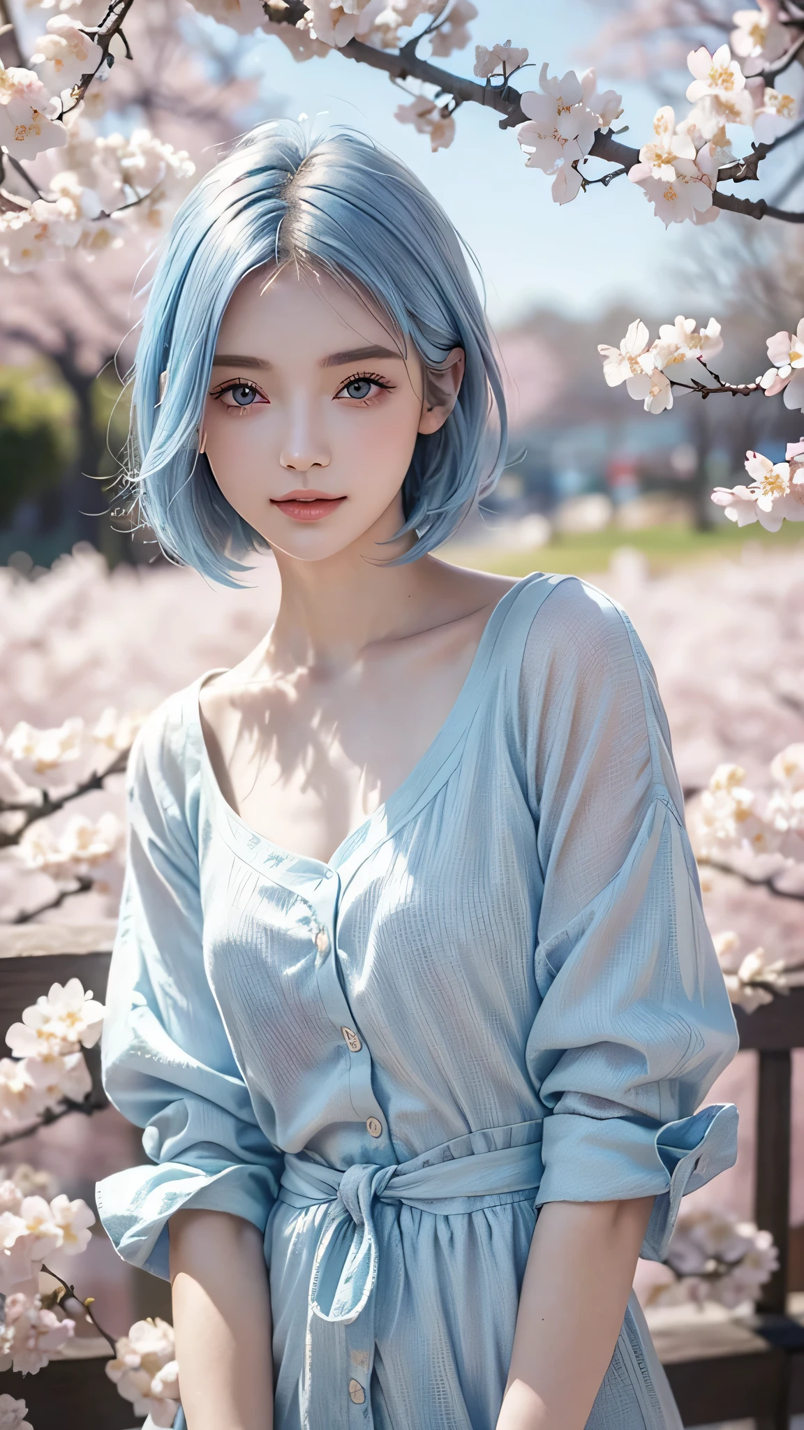 high quality, 8k, masterpiece:1.3, one girl, (medium short hair), highly detailed face, fine eyes, gentle smile, (beautiful cherry blossom background), light pale blue hair, light pale blue clothes,spring fashion,trending fashion,low angle view