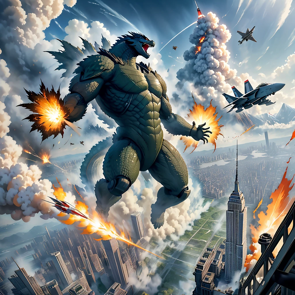 A thrilling cinematic poster featuring Godzilla in a dynamic pose, breathing fire while an F-14 fighter jet soars through the sky. The Empire State Building looms in the background, partially destroyed by the monster. The overall atmosphere is intense and dramatic, with a sense of impending chaos., poster, cinematic