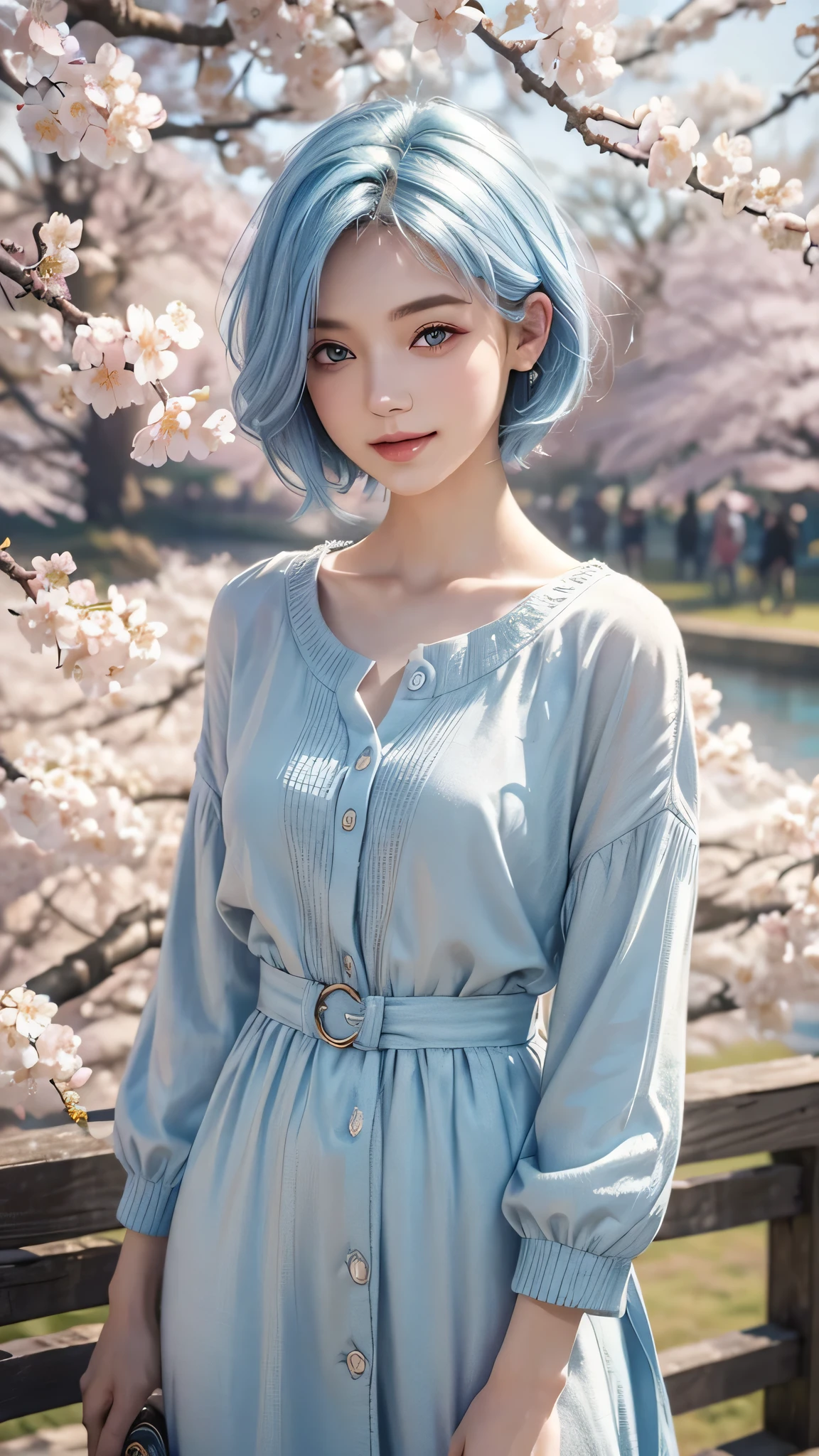 high quality, 8k, masterpiece:1.3, one girl, (medium short hair), highly detailed face, fine eyes, gentle smile, (beautiful cherry blossom background), light pale blue hair, light pale blue clothes,spring fashion,trending fashion,low angle view
