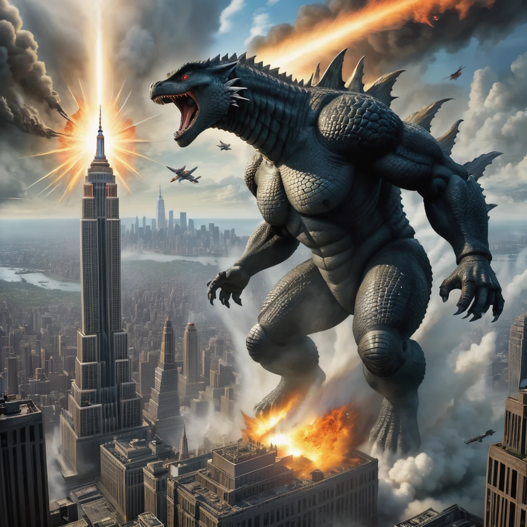 A captivating cinematic poster depicting the legendary Godzilla in a powerful and dynamic pose. The monster is unleashing a fiery breath while a fearless F-14 fighter jet soars through the sky, attempting to confront the beast. The iconic Empire State Building stands in the background, partially razed by the destructive force of Godzilla. The overall ambiance is intense and dramatic, with a palpable sense of chaos and impending doom., poster, cinematic
