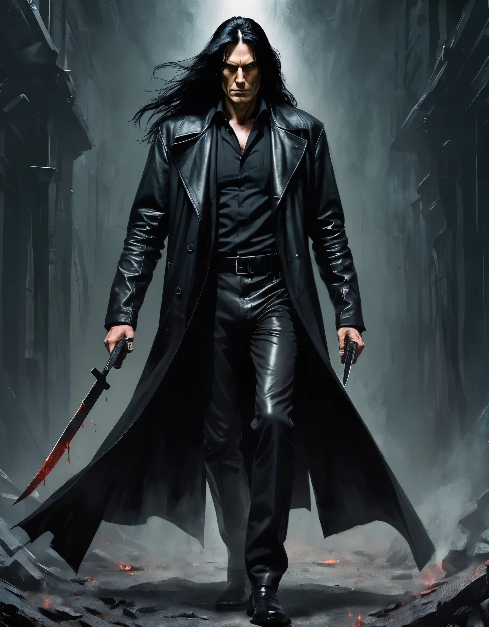 Hantred Tall, intimidating piscopathic man, with long black hair, dark energy, wearing a black leather overcoat, armed with a knife