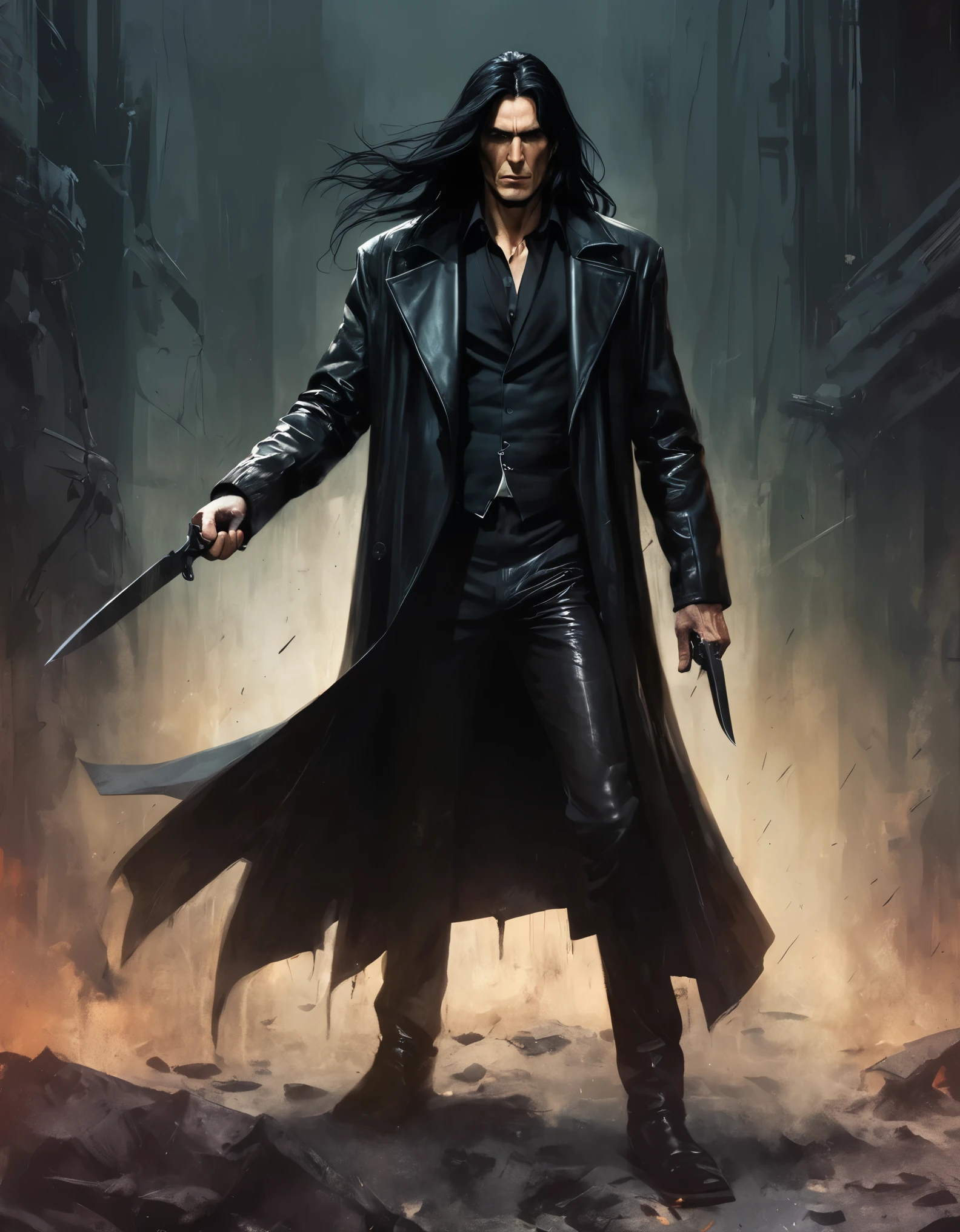 Hantred Tall, intimidating piscopathic man, with long black hair, dark energy, wearing a black leather overcoat, armed with a knife