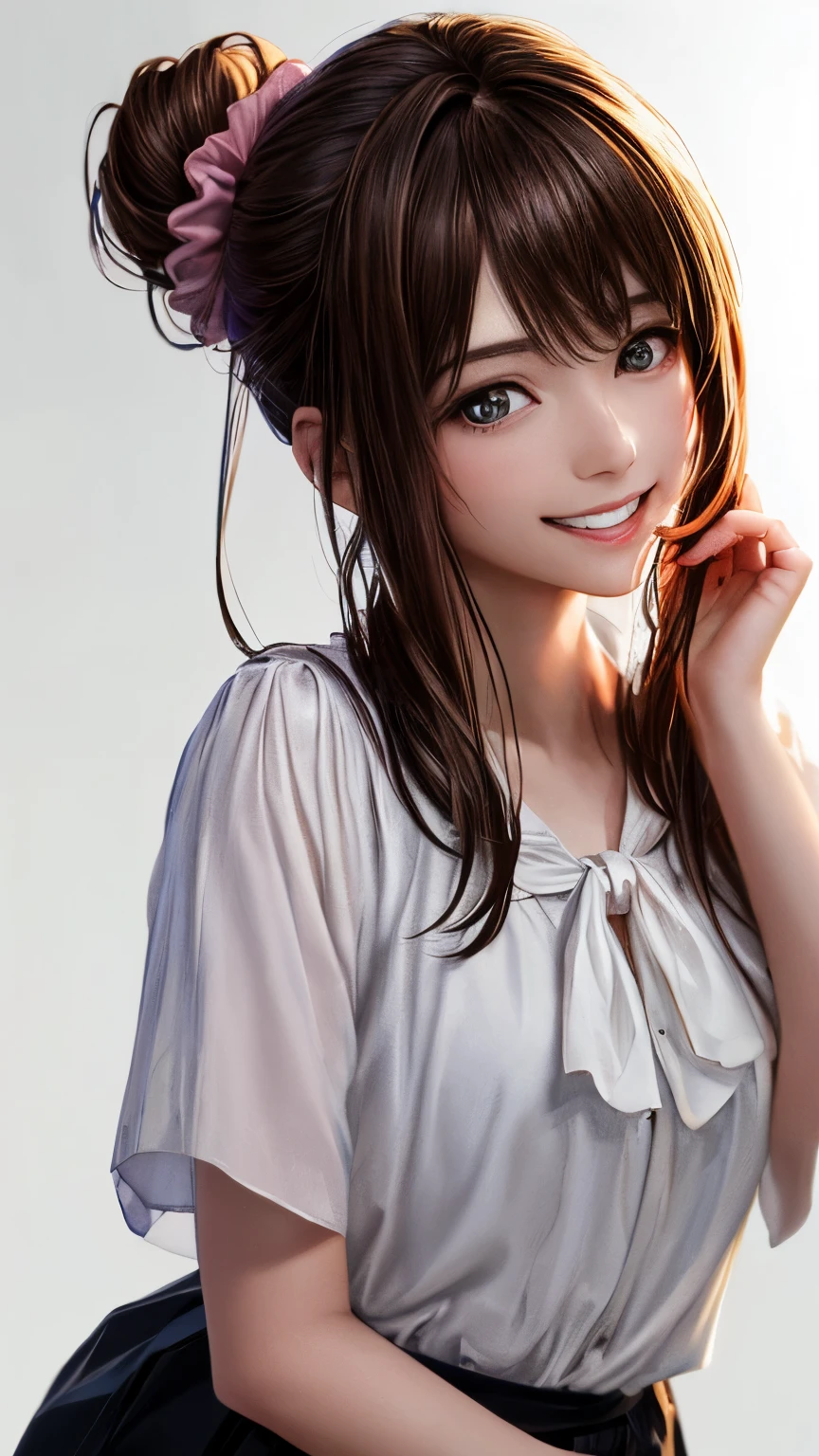 (highest quality、8k、32K、masterpiece)、(realistic)、(Photoreal:1.2)、(High resolution)、Super detailed、very beautiful face and eyes、1 girl、round and small face、thin waist、delicate body、(close、highest quality、high detail、rich skin details)、(highest quality、8k、oil paint:1.2)、Super detailed、(realistic、realistic:1.37)、bright colors、(((brown hair)))、(((bust shot)))、(((long ponytail hair)))、(((I tie my hair in a bun with a floral scrunchie)))、(((pure white wall background)))、(((pure white wall background)))、(((I'm an OL)))、(((She has a happy expression)))、(((I'm smiling)))、(((wearing a pink blouse)))、(((look straight ahead)))、(((brown hair)))、(((I have brown hair)))、(((The skirt is short)))、(((teeth visible)))、(((The hand is in front of the mouth)))、