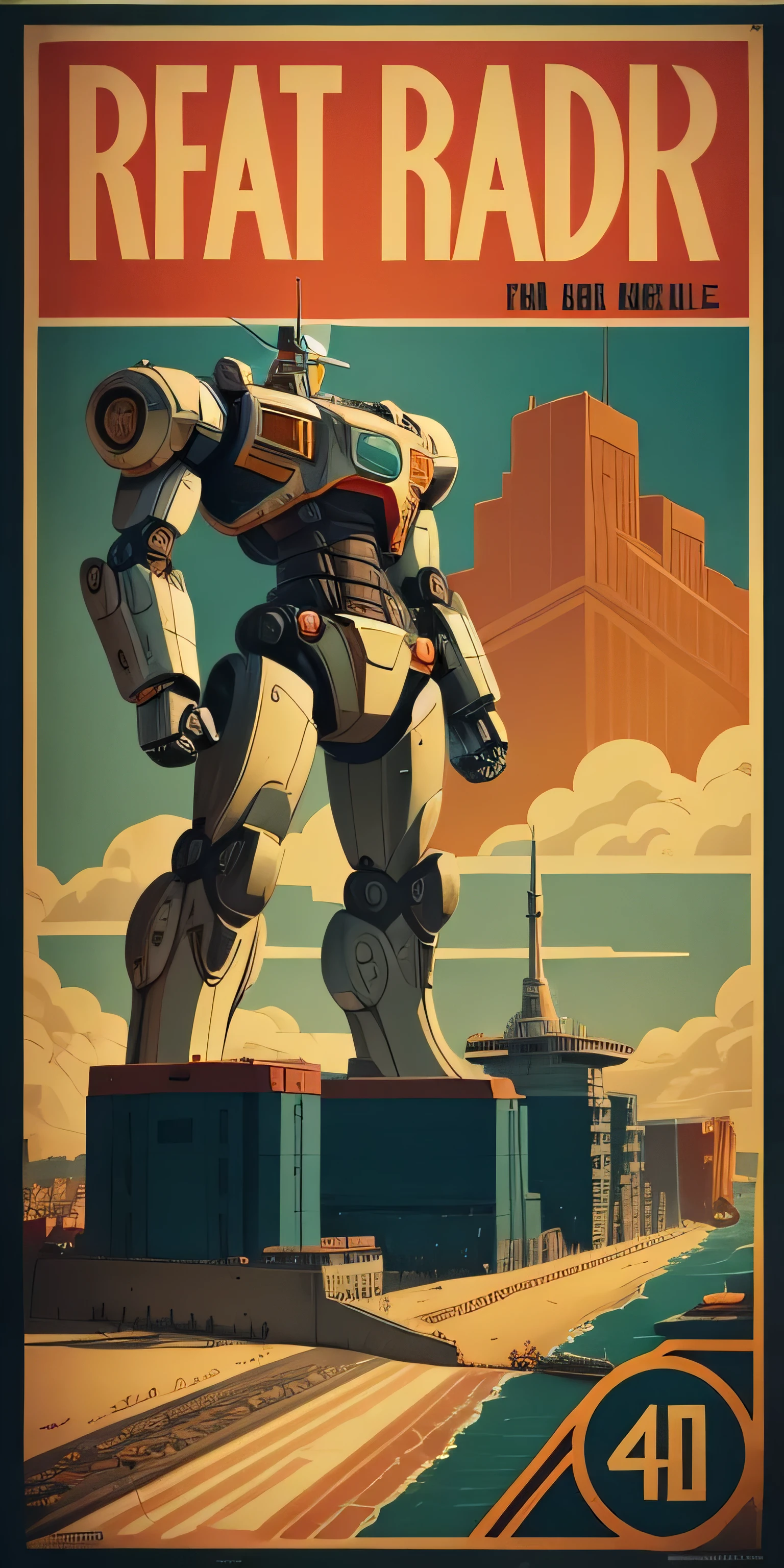 A highly detailed propaganda poster, robot, giant robot looking down on seaside town, pop art, art deco, vintage, typography, vintage paper, the rule of thirds, trending on artstation, UHD