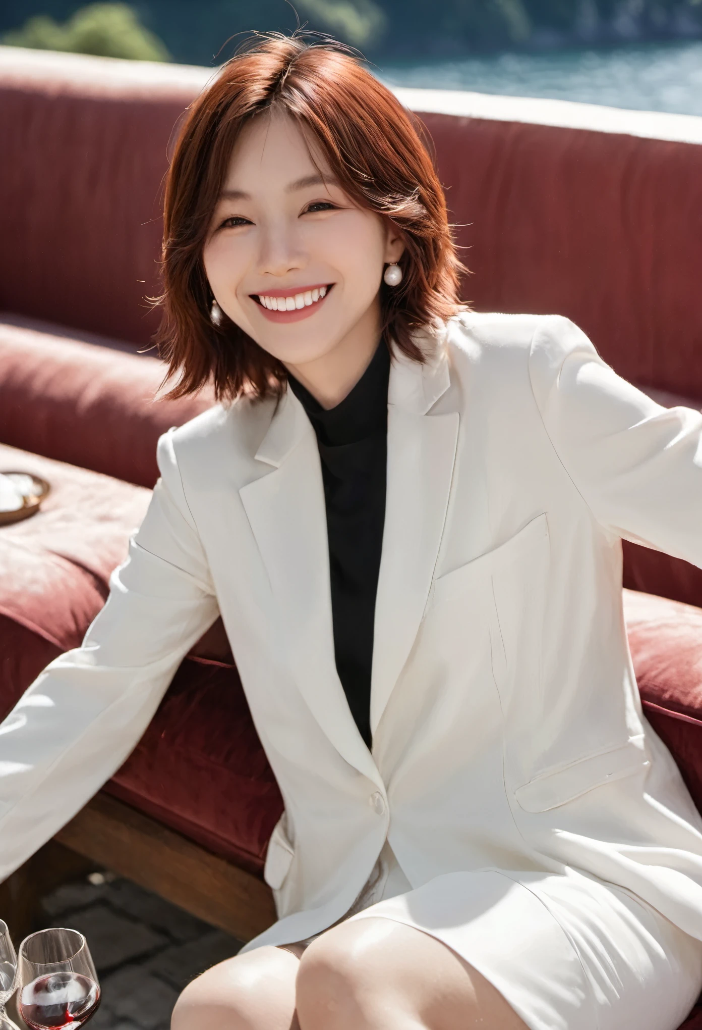 Veranda of a mansion on the shore of Lake Como, Italy, 38-year-old Japanese woman, wearing long black genuine leather boots, white skirt, white blouse, burgundy jacket, sitting on a large black sofa, holding a wine glass with red wine poured in her right hand, masterpiece ,top quality, (MILF:1, 38 years old), ((Close:0.5)), glare, double eyelids, lip gloss, (smile:1), ((eyes closed:0.85)), red mouth, collar bone, ((looking at viewer)), (short auburn hair wet and shiny), (full body in view),(photorealistic:1. 3),(RAW photo)