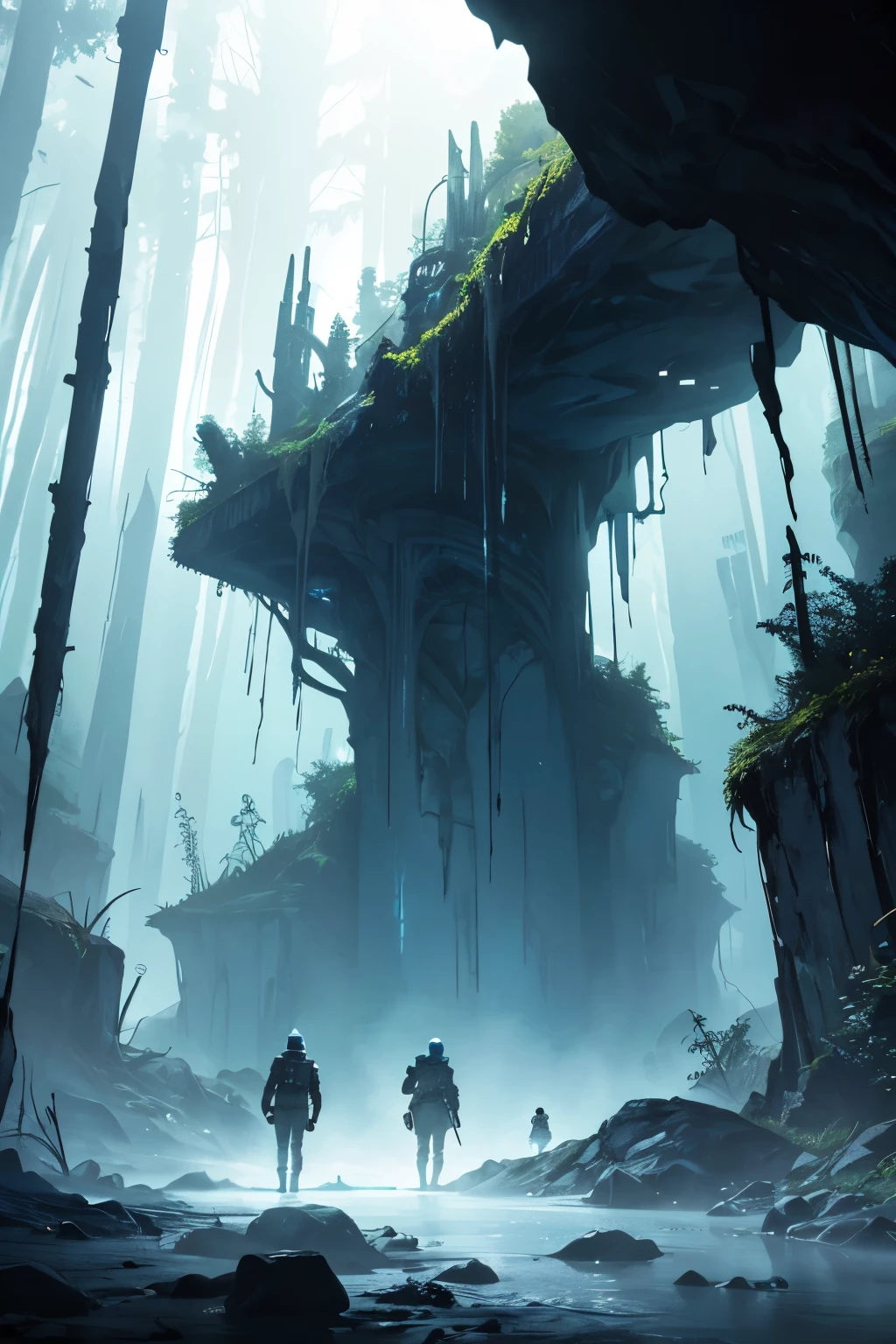 A chilling digital illustration depicting a group of explorers navigating a dark and foreboding cave system, inspired by the works of H.R. Giger. The cave walls are lined with grotesque formations, with eerie bioluminescent fungi casting an otherworldly glow. The color palette is muted and cold, with shades of blue and green heightening the sense of unease. Facial expressions of the explorers are tense and fearful, reflecting the imminent danger lurking in the darkness. Lighting is sparse and eerie, casting long shadows that seem to twist and contort with each flicker of light. Atmosphere is thick with dread and uncertainty