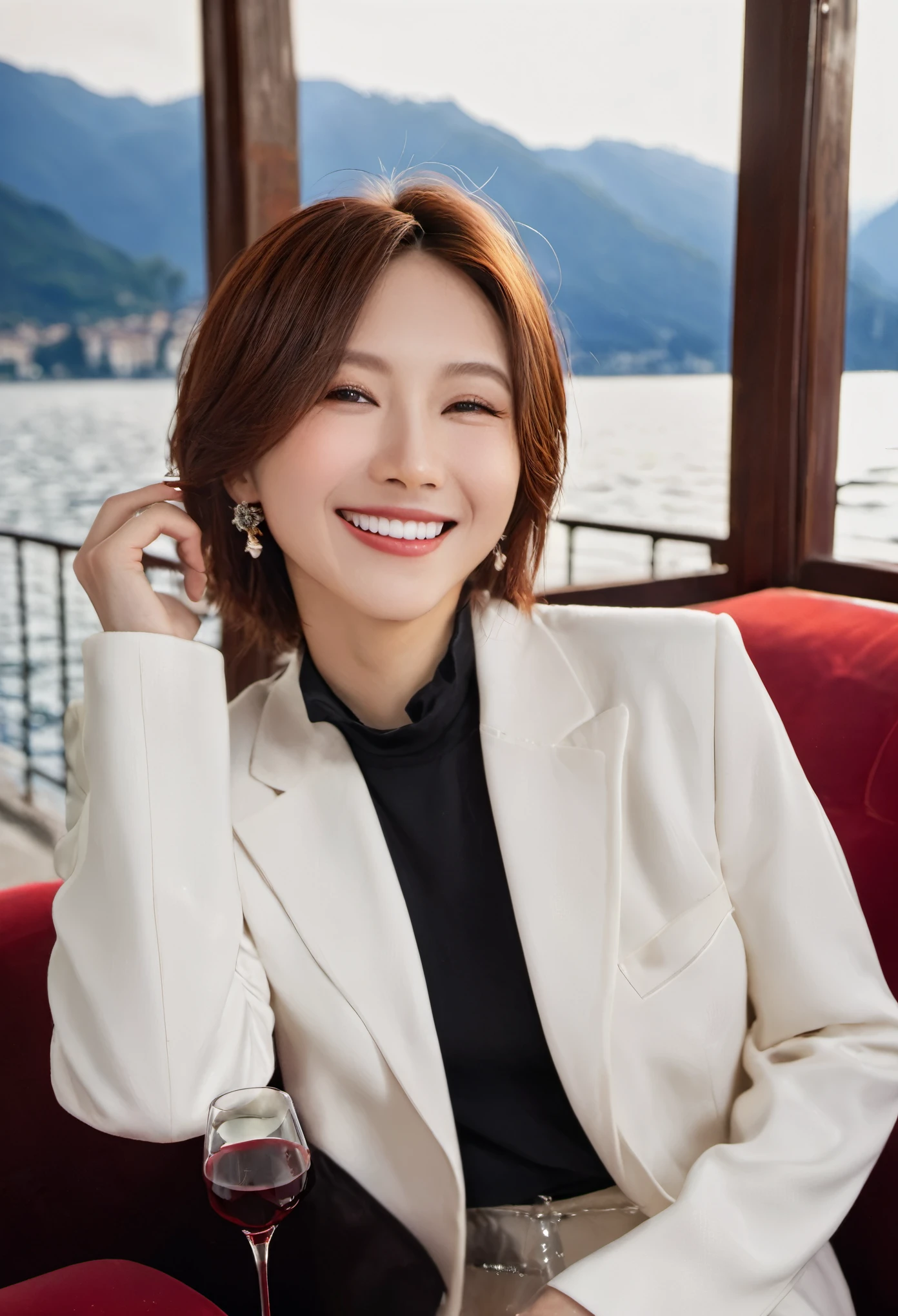 Veranda of a mansion on the shore of Lake Como, Italy, 38-year-old Japanese woman, wearing long black genuine leather boots, white skirt, white blouse, burgundy jacket, sitting on a large black sofa, holding a wine glass with red wine poured in her right hand, masterpiece ,top quality, (MILF:1, 38 years old), ((Close:0.5)), glare, double eyelids, lip gloss, (smile:1), ((eyes closed:0.85)), red mouth, collar bone, ((looking at viewer)), (short auburn hair wet and shiny), (full body in view),(photorealistic:1. 3),(RAW photo)