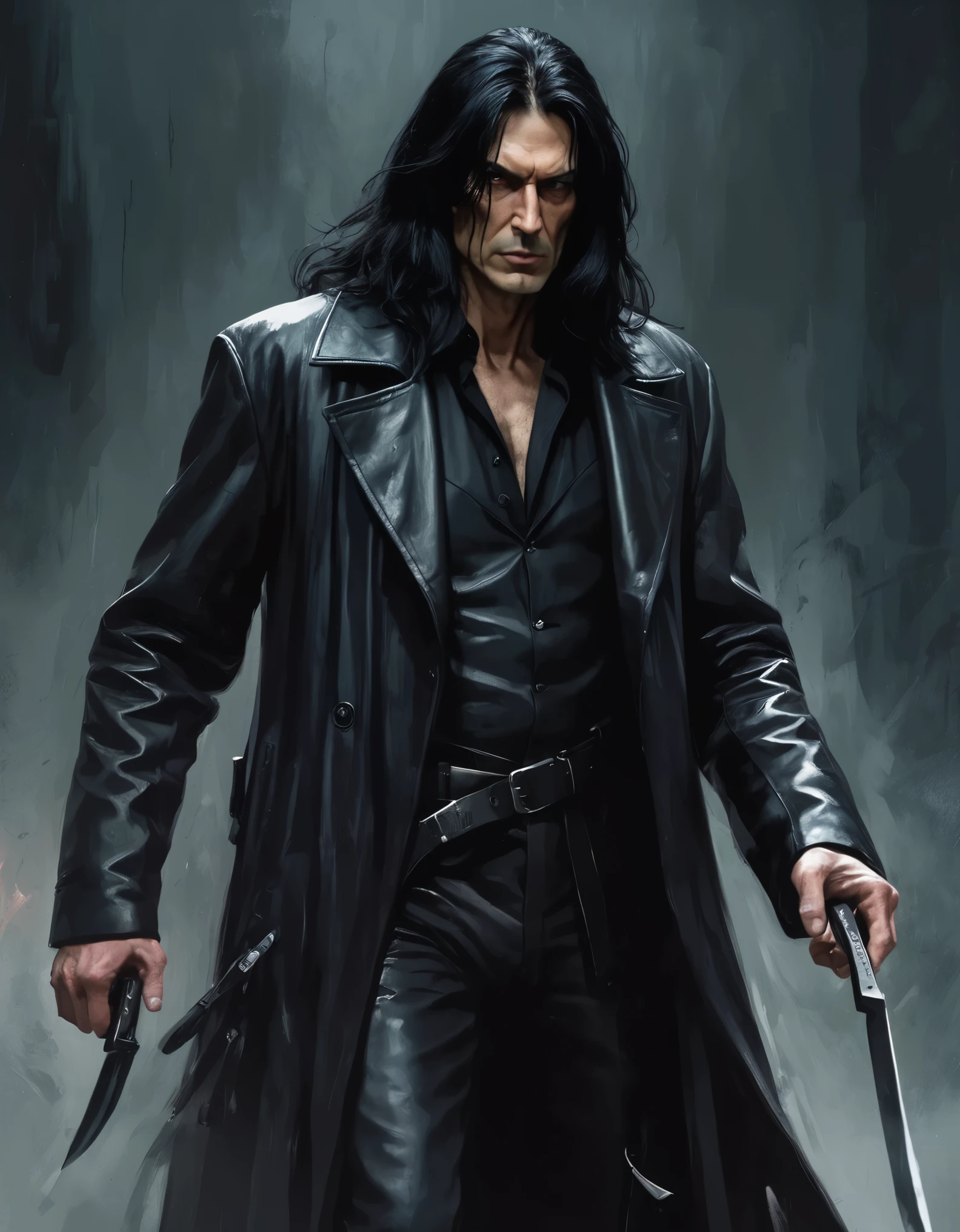 Hantred Tall, intimidating piscopathic man, with long black hair, dark energy, wearing a black leather overcoat, armed with a knife