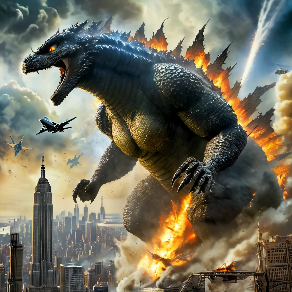 A thrilling cinematic poster featuring Godzilla in a dynamic pose, breathing fire while an F-14 fighter jet soars through the sky. The Empire State Building looms in the background, partially destroyed by the monster. The overall atmosphere is intense and dramatic, with a sense of impending chaos., poster, cinematic