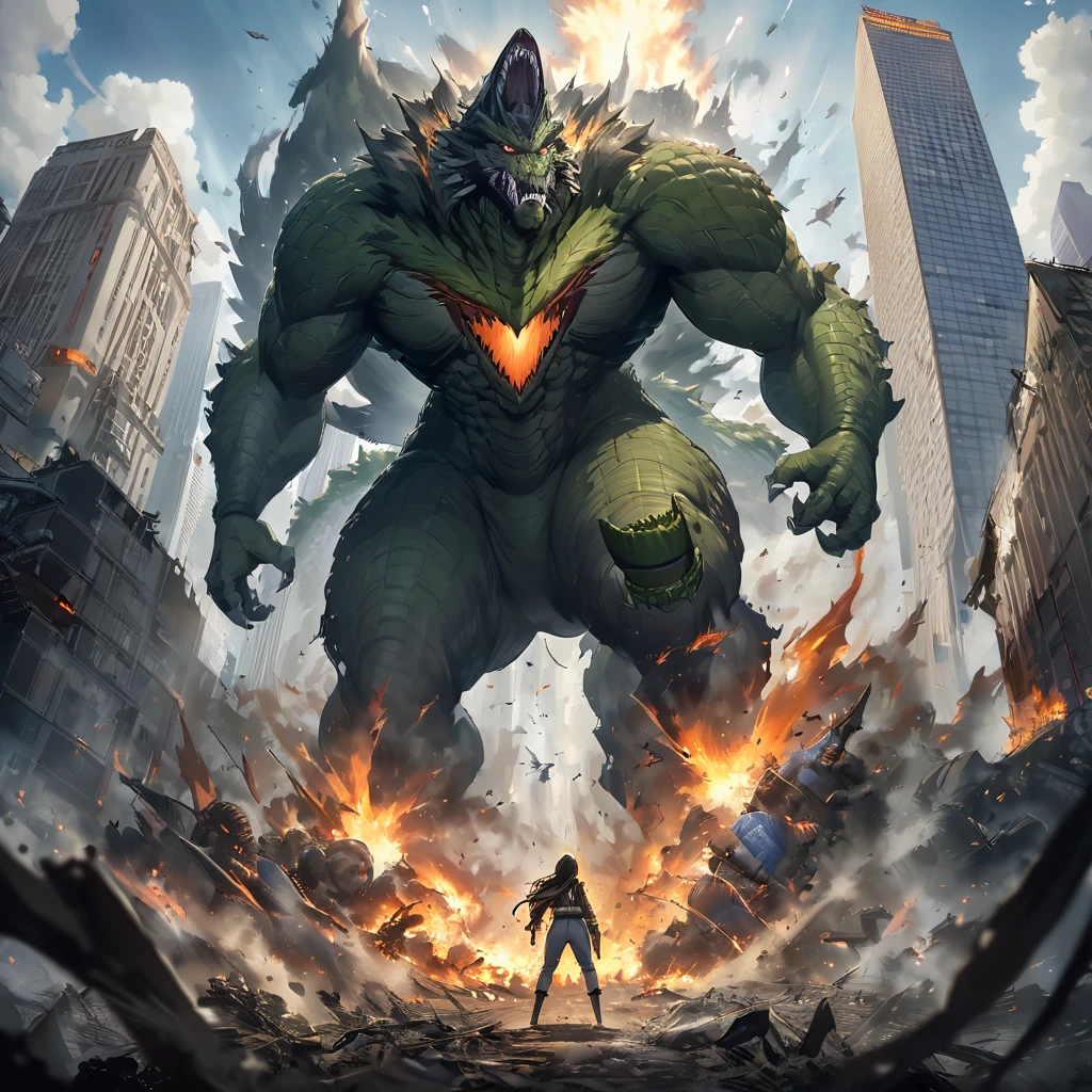 A captivating cinematic poster depicting the legendary Godzilla in a powerful and dynamic pose. The monster is unleashing a fiery breath while a fearless F-14 fighter jet soars through the sky, attempting to confront the beast. The iconic Empire State Building stands in the background, partially razed by the destructive force of Godzilla. The overall ambiance is intense and dramatic, with a palpable sense of chaos and impending doom., poster, cinematic