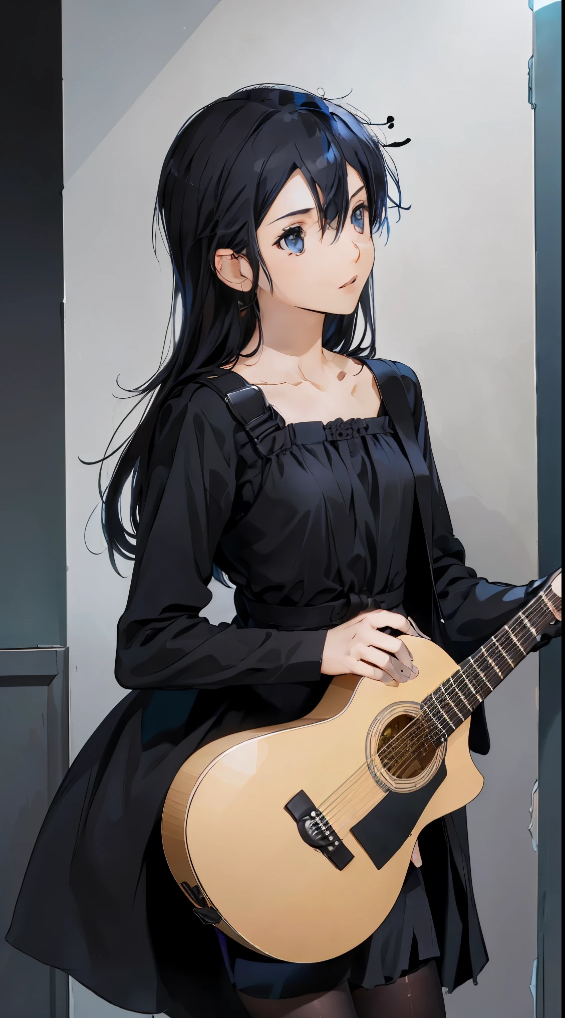 28 years old、black hair messy hair、precision 6 string acoustic guitar:1.2、Anatomically correct fingers、acoustic guitar、Only 1 guitar、Please look straight ahead and sing、(Turn your face forward:1.2)、dress,Female Kirito,long hair,black stockings