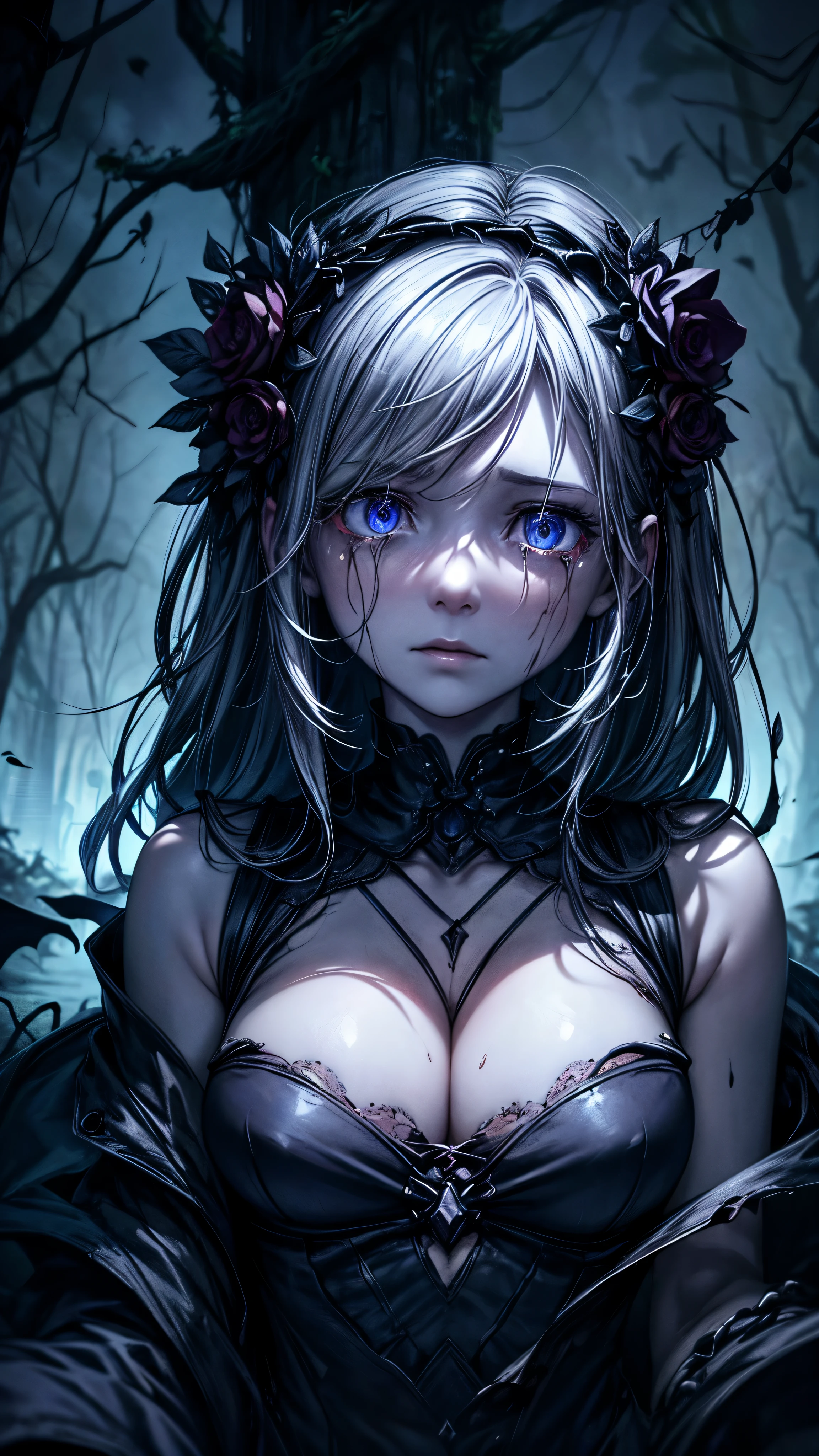 (best quality,high resolution,super detailed,lifelike:1.2),dark abyss background，Underworld,sinister,Girl in rags，crying emoticon，burst into tears，white hair，face close-up,extremely pale skin,lifeless skin,Holding bright red flowers in hand,apocalyptic,Medieval town ruins,building collapse,crack surface,ominous clouds,blood moon,Cracks appear in the ground,dead tree,Overgrown vines,Behind me are huge blue glowing vines，Spooky shadows,eerie silence,The wind howls in the distance,ominous atmosphere,deserted street,falling petals,unforgettable beauty,There is a smell of loneliness in the air,Lost souls wandering around,Weaving a web of despair,Darkness prevails,Embrace the unknown.