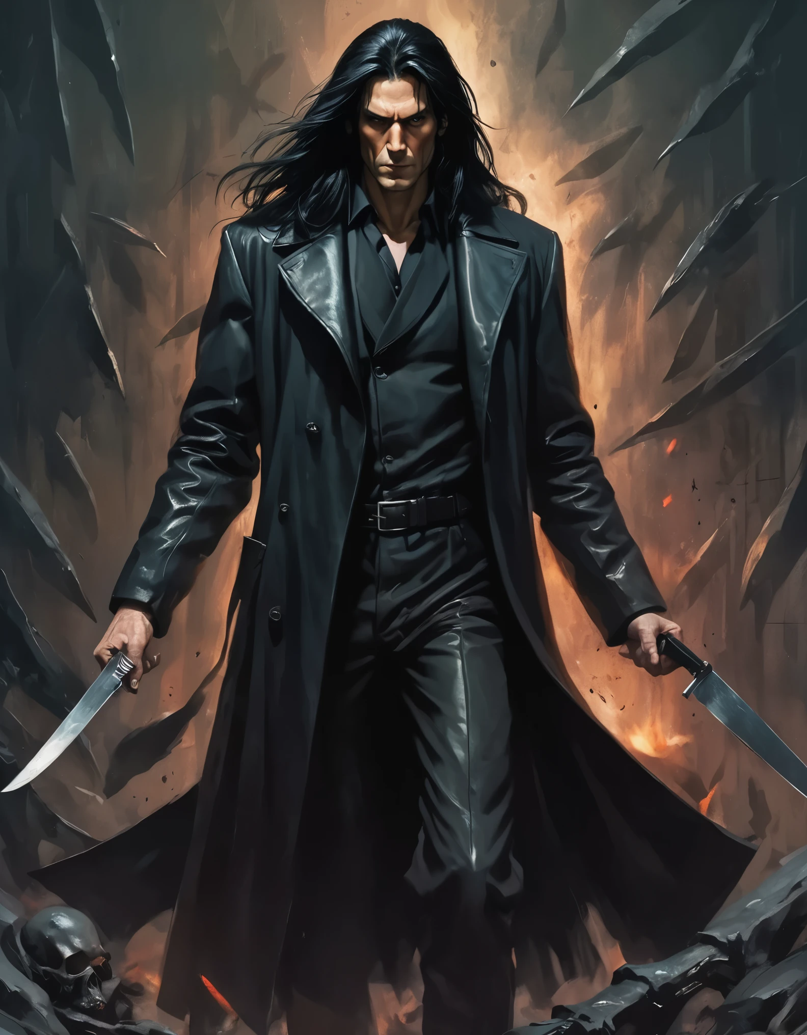 Hantred Tall, intimidating piscopathic man, with long black hair, dark energy, wearing a black leather overcoat, armed with a knife