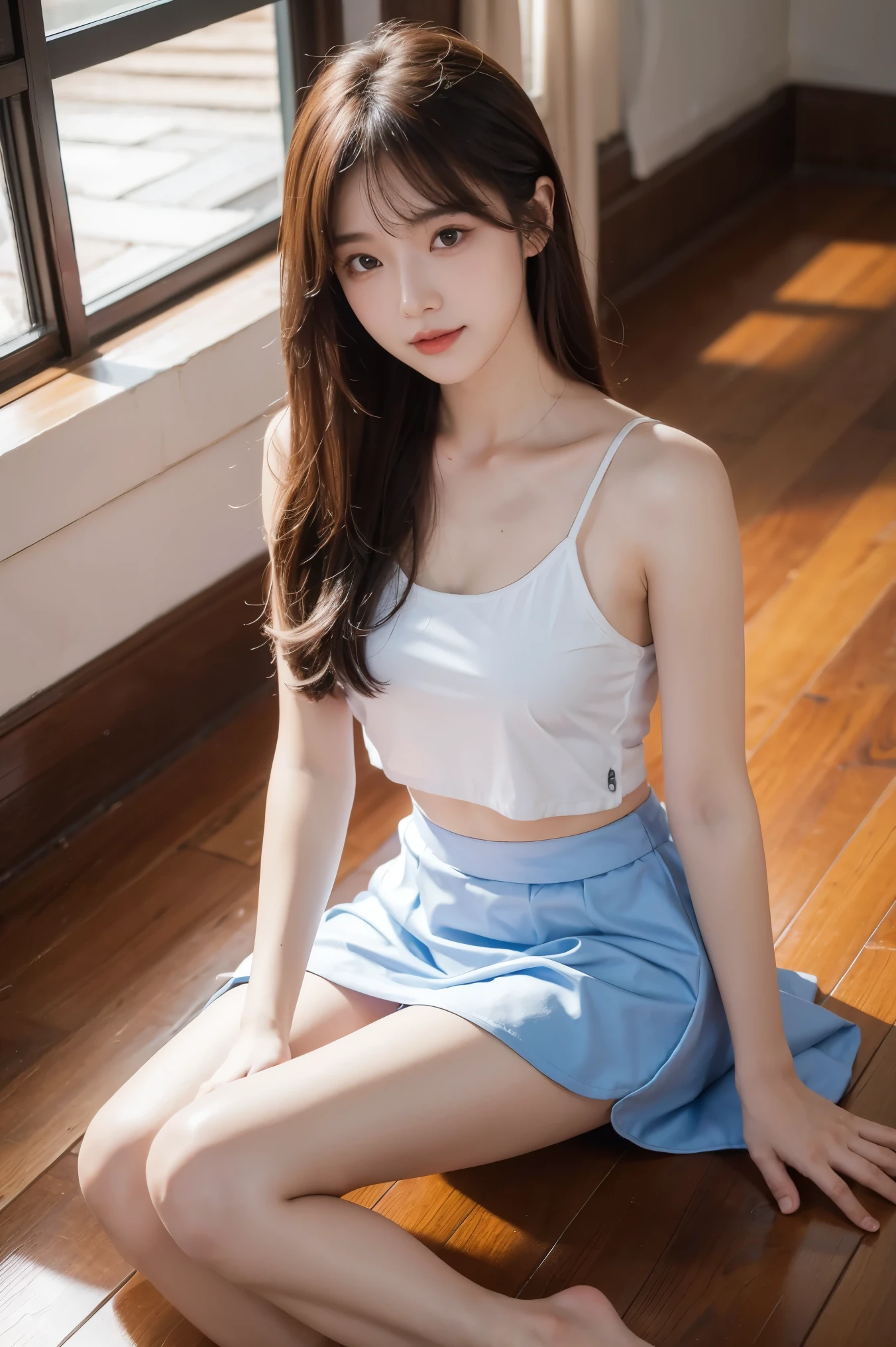 best quality, masterpiece, 1 girl, alone, ferry, long hair, ferryBase, Raise your legs high, bare shoulders, jewelry, sleeveless, white dress, blue skirt, Gloves, floor room, floor, wooden floor, sitting, sitting on floor, Put your hands on your legs, subtle smile, soft light, whole body, wide hips, medium breasts