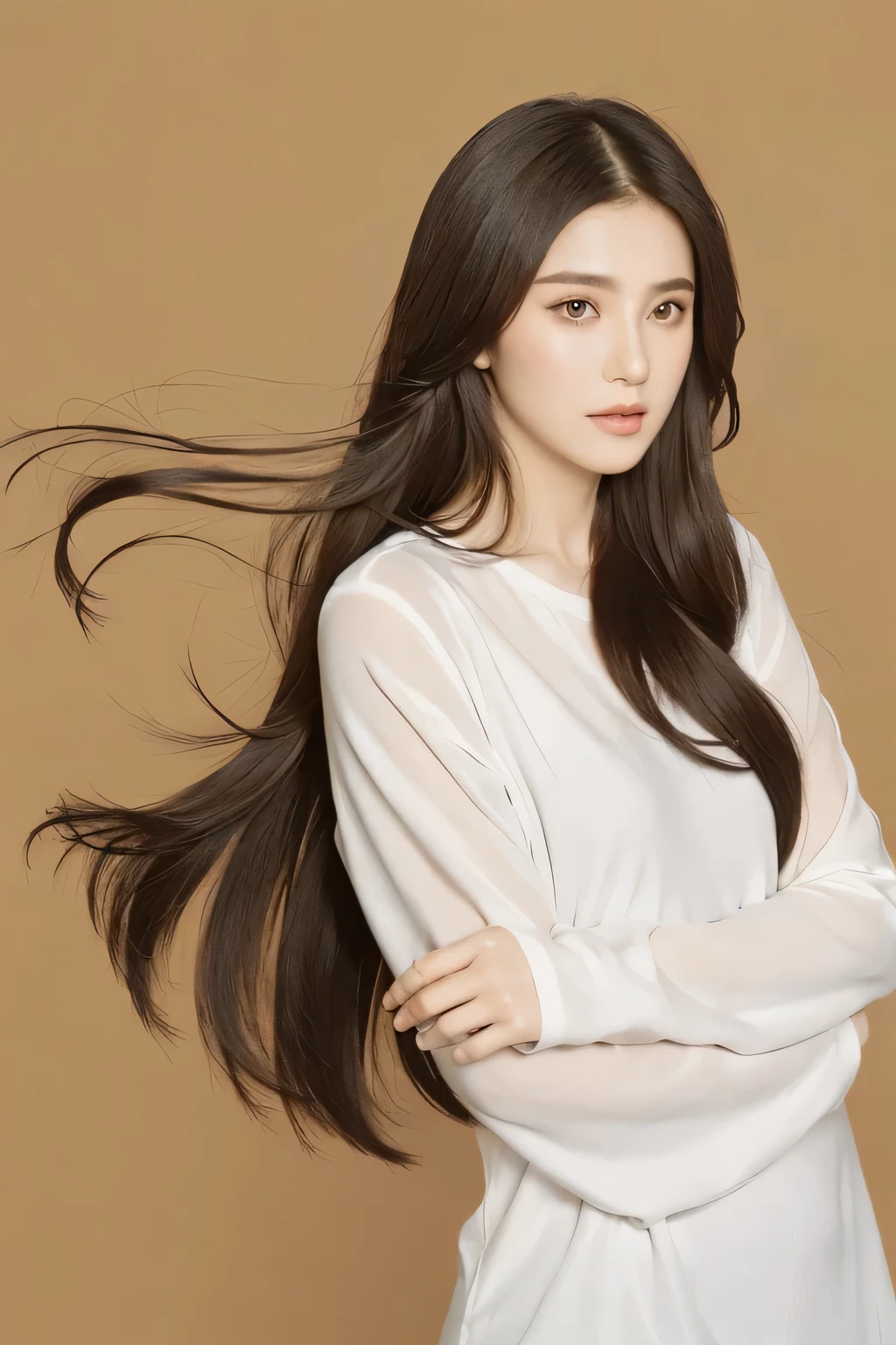 1 girl, alone, Long hair blown by the wind, actual, looking at the audience, Lipagedi, brown background, brown eyes, Upper body, black hair, brown hair, shirt, white shirt, long sleeves, symbol, open lips, nose
