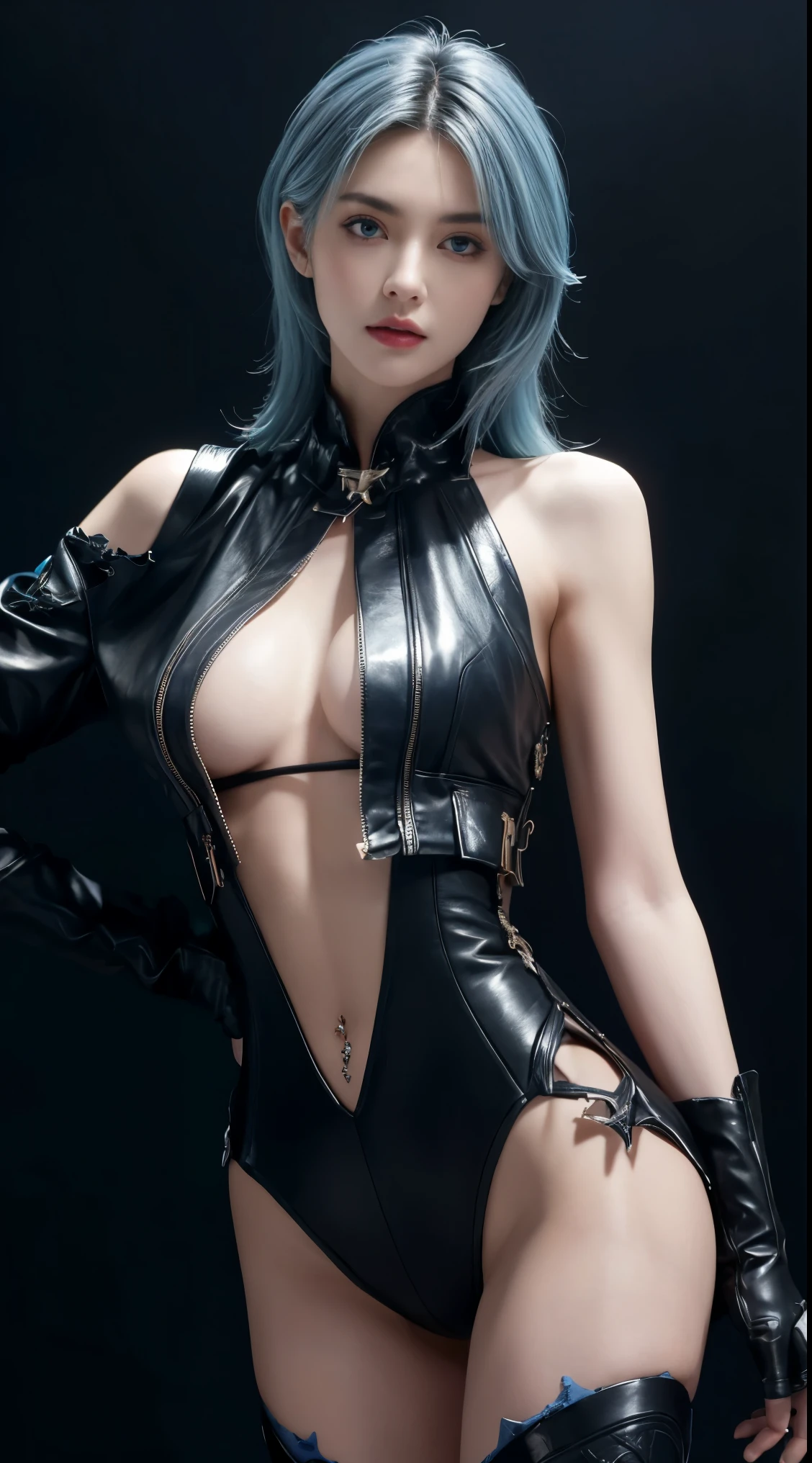 8K, Top Quality, Intricate Details, Ultra Detail, Ultra High Resolution, Masterpiece, close up shot, (full body: 1.1), Slender, Smile, (Makeup: 0.4), (Fluffy Blue Eyes: 1.21), (()), 1girl, solo, 1 girl, (()), close up shot, , ((tall)), (((fit body))), (((slim face))), sharp face, (( blue hair )) (detailed face), sharp face, small lips, standing, ,
(( random torn clothes)), detailed face, detailed breast, , large breast, huge breast, detail ass, Narrow Waist, Skinny, , Muscular, Navel, Exposed Abdomen, Pointed Chest,, Beautiful girl with accentuated slender abs: 1.4, Six Pack Abs: 1.4, Bust Botox, Big, Perfect Body, detail leg, (( dark background)), black background,