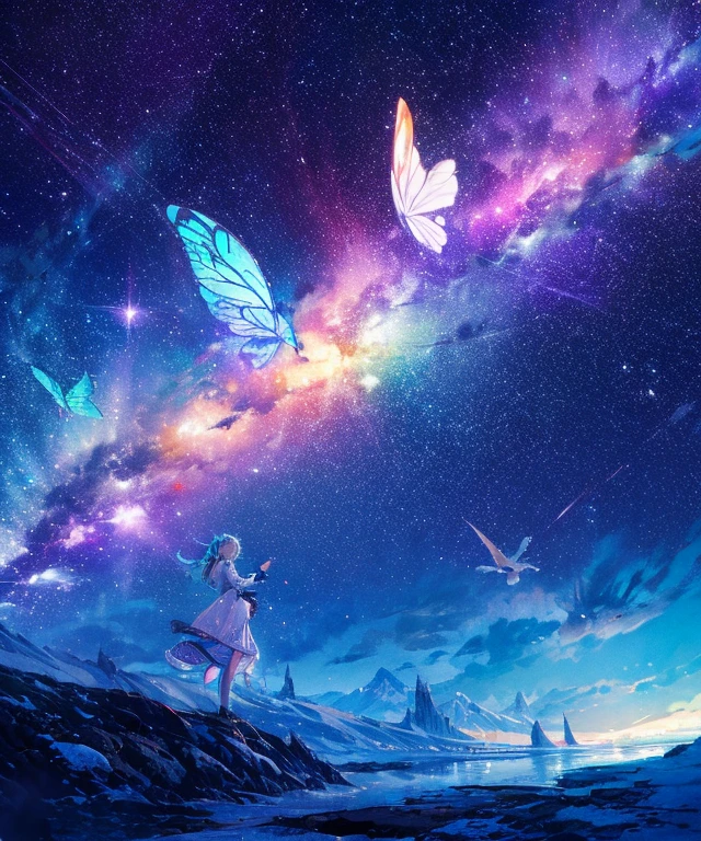 Cute iridescent round monster in space、Iridescent grass々Drawing a butterfly flying over the water, Looking up at the starry sky. Surround her with colorful nebulae and colorful forests.