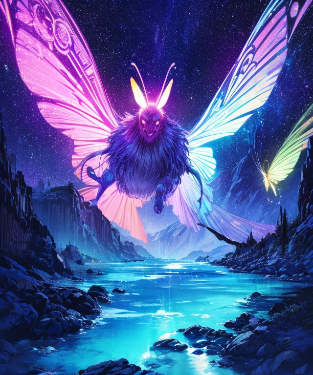 Cute iridescent round monster in space、Iridescent grass々Drawing a butterfly flying over the water, Looking up at the starry sky. Surround her with colorful nebulae and colorful forests.