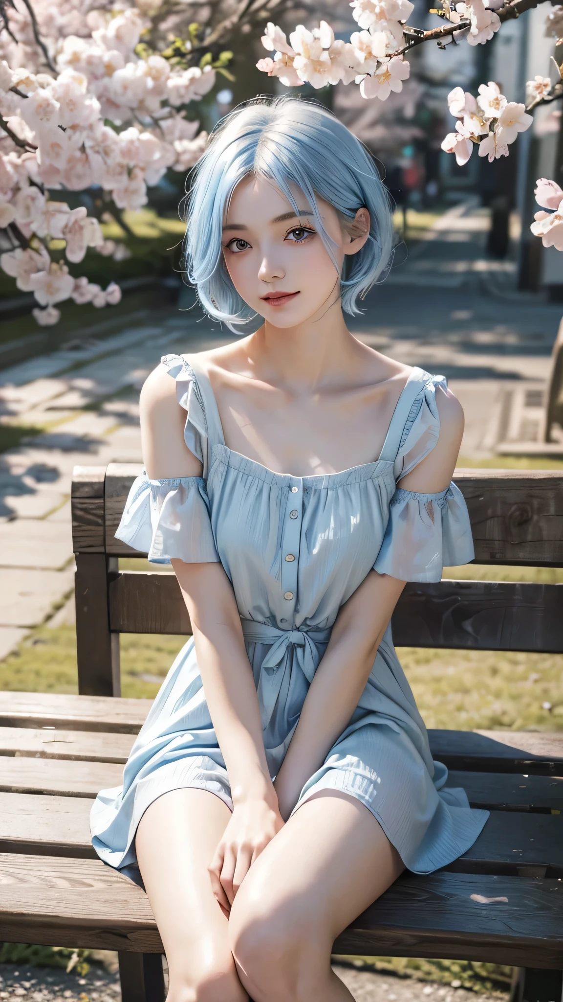 high quality, 8k, masterpiece:1.3, one girl, (medium short hair), highly detailed face, fine eyes, gentle smile, (beautiful cherry blossom background), light pale blue hair, light pale blue clothes,spring fashion,trending fashion,sitting on the bench